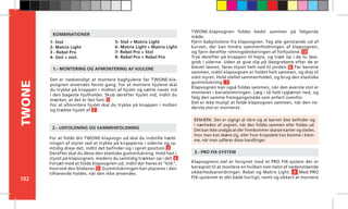 102
TWONE
Klapvognens stel er forsynet med et PRO FIX-system der er
beregnet til at montere en hvilken som helst af nedenstående
sikkerhedsanordninger: Rebel og Matrix Light. 8 Med PRO
FIX-systemet er det både hurtigt, nemt og sikkert at montere
BEMÆRK: Det er vigtigt at sikre sig at barnet ikke befinder sig
i nærheden af vognen, når den foldes sammen eller foldes ud.
Det kan ikke undgås at der fremkommer skarpe kanter og steder,
hvor man kan skære sig, eller hvor kropsdele kan komme i klem-
me, når man udfører disse handlinger.
1.- MONTERING OG AFMONTERING AF HJULENE
2.- UDFOLDNING OG SAMMENFOLDNING
3.- PRO FIX-SYSTEM
Det er nødvendigt at montere baghjulene før TWONE-kla-
pvognen anvendes første gang. For at montere hjulene skal
du trykke på knappen i midten af hjulet og sætte navet ind
i den bageste hjulholder. Skub derefter hjulet ind, indtil du
mærker, at det er låst fast. 1
For at afmontere hjulet skal du trykke på knappen i midten
og trække hjulet af. 2
For at folde din TWONE-klapvogn ud skal du indstille hæld-
ningen af styret ved at trykke på knapperne i siderne og sa-
mtidig dreje det, indtil det befinder sig i opret position. 3
Derefter skal du åbne den elastiske gummilukning. Hold fast i
styret på klapvognen, medens du samtidig trækker op i det. 4
Forsæt med at folde klapvognen ud, indtil der høres et “klik”,
hvorved den blokeres. 5 Gummilukningen kan placeres i den
tilhørende holder, når den ikke anvendes.
1- Stol
2- Matrix Light
3 - Rebel Pro
4- Stol + stol.
5- Stol + Matrix Light
6- Matrix Light + Matrix Light
7- Rebel Pro + Stol
8- Rebel Pro + Rebel Pro
KOMBINATIONER
TWONE-klapvognen foldes bedst sammen på følgende
måde:
Fjern babystolene fra klapvognen. Tag alle genstande ud af
kurven, der kan hindre sammenfoldningen af klapvognen,
og fjern derefter retningsblokeringen af forhjulene. 13.
Tryk derefter på knappen til højre, og træk op i de to låse-
greb i siderne. Uden at give slip på låsegrebene efter de er
blevet løsnet, føres styret helt ned til jorden. 6 Før benene
sammen, indtil klapvognen er foldet helt sammen, og drej til
sidst styret. Hold stellet sammenfoldet, og brug den elastiske
gummilukning. 7
Klapvognen kan også foldes sammen, når den øverste stol er
monteret i kørselsretningen. Læg i så fald ryglænet ned, og
følg den samme fremgangsmåde som anført ovenfor.
Det er ikke muligt at folde klapvognen sammen, når den ne-
derste stol er monteret.
 