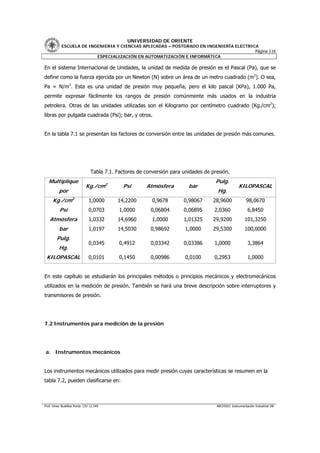 UNIVERSIDAD DE ORIENTE
           ESCUELA DE INGENIERIA Y CIENCIAS APLICADAS – POSTGRADO EN INGENIERÍA ELECTRICA
                                                                                        Página 116
                         ESPECIALIZACIÓN EN AUTOMATIZACIÓN E INFORMÁTICA

En el sistema Internacional de Unidades, la unidad de medida de presión es el Pascal (Pa), que se
define como la fuerza ejercida por un Newton (N) sobre un área de un metro cuadrado (m2). O sea,
Pa = N/m2. Esta es una unidad de presión muy pequeña, pero el kilo pascal (KPa), 1.000 Pa,
permite expresar fácilmente los rangos de presión comúnmente más usados en la industria
petrolera. Otras de las unidades utilizadas son el Kilogramo por centímetro cuadrado (Kg./cm2);
libras por pulgada cuadrada (Psi); bar, y otros.


En la tabla 7.1 se presentan los factores de conversión entre las unidades de presión más comunes.




                               Tabla 7.1. Factores de conversión para unidades de presión.
  Multiplique                                                                       Pulg.
                            Kg./cm2         Psi       Atmósfera         bar                       KILOPASCAL
          por                                                                        Hg.
     Kg./cm2                  1,0000      14,2200        0,9678       0,98067     28,9600              98,0670
          Psi                 0,0703       1,0000       0,06804       0,06895      2,0360               6,8450
   Atmósfera                  1,0332      14,6960        1,0000       1,01325     29,9200             101,3250
          bar                 1,0197      14,5030       0,98692        1,0000     29,5300             100,0000
        Pulg.
                              0,0345       0,4912       0,03342       0,03386      1,0000               3,3864
          Hg.
 KILOPASCAL                   0,0101       0,1450       0,00986        0,0100      0,2953               1,0000


En este capítulo se estudiarán los principales métodos o principios mecánicos y electromecánicos
utilizados en la medición de presión. También se hará una breve descripción sobre interruptores y
transmisores de presión.




7.2 Instrumentos para medición de la presión




a. Instrumentos mecánicos


Los instrumentos mecánicos utilizados para medir presión cuyas características se resumen en la
tabla 7.2, pueden clasificarse en:



Prof. Omar Bustillos Ponte CIV 12.549                                               ARCHIVO: Instrumentación Industrial OB
 