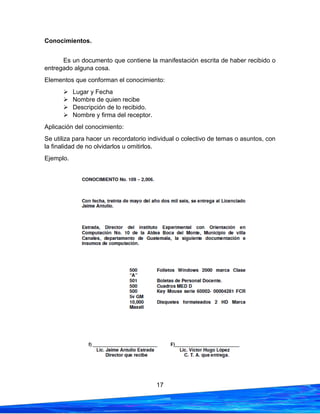 17
Conocimientos.
Es un documento que contiene la manifestación escrita de haber recibido o
entregado alguna cosa.
Elementos que conforman el conocimiento:
➢ Lugar y Fecha
➢ Nombre de quien recibe
➢ Descripción de lo recibido.
➢ Nombre y firma del receptor.
Aplicación del conocimiento:
Se utiliza para hacer un recordatorio individual o colectivo de temas o asuntos, con
la finalidad de no olvidarlos u omitirlos.
Ejemplo.
 