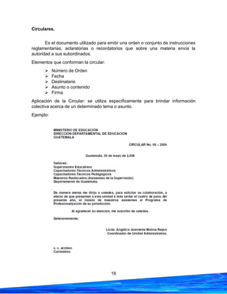 18
Circulares.
Es el documento utilizado para emitir una orden o conjunto de instrucciones
reglamentarias, aclaratorias o recordatorios que sobre una materia envía la
autoridad a sus subordinados.
Elementos que conforman la circular:
➢ Número de Orden
➢ Fecha
➢ Destinatario
➢ Asunto o contenido
➢ Firma
Aplicación de la Circular: se utiliza específicamente para brindar información
colectiva acerca de un determinado tema o asunto.
Ejemplo:
 