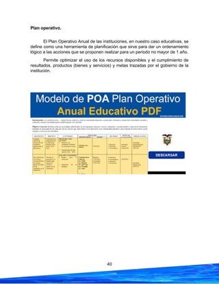 40
Plan operativo.
El Plan Operativo Anual de las instituciones, en nuestro caso educativas, se
define como una herramienta de planificación que sirve para dar un ordenamiento
lógico a las acciones que se proponen realizar para un periodo no mayor de 1 año.
Permite optimizar el uso de los recursos disponibles y el cumplimiento de
resultados, productos (bienes y servicios) y metas trazadas por el gobierno de la
institución.
 