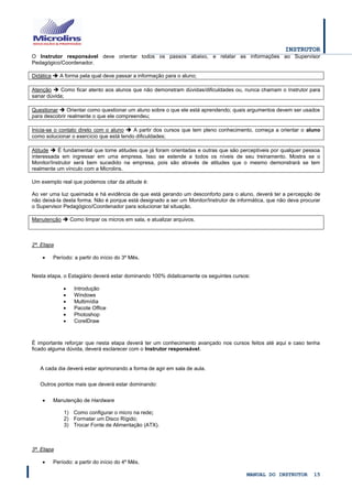 INSTRUTOR 
MANUAL DO INSTRUTOR 15 
O Instrutor responsável deve orientar todos os passos abaixo, e relatar as informações ao Supervisor Pedagógico/Coordenador. 
Didática  A forma pela qual deve passar a informação para o aluno; 
Atenção  Como ficar atento aos alunos que não demonstram dúvidas/dificuldades ou, nunca chamam o Instrutor para sanar dúvida; 
Questionar  Orientar como questionar um aluno sobre o que ele está aprendendo; quais argumentos devem ser usados para descobrir realmente o que ele compreendeu; 
Inicia-se o contato direto com o aluno  A partir dos cursos que tem pleno conhecimento, começa a orientar o aluno como solucionar o exercício que está tendo dificuldades; 
Atitude  É fundamental que tome atitudes que já foram orientadas e outras que são perceptíveis por qualquer pessoa interessada em ingressar em uma empresa. Isso se estende a todos os níveis de seu treinamento. Mostra se o Monitor/Instrutor será bem sucedido na empresa, pois são através de atitudes que o mesmo demonstrará se tem realmente um vínculo com a Microlins. 
Um exemplo real que podemos citar da atitude é: 
Ao ver uma luz queimada e há evidência de que está gerando um desconforto para o aluno, deverá ter a percepção de não deixá-la desta forma. Não é porque está designado a ser um Monitor/Instrutor de informática, que não deva procurar o Supervisor Pedagógico/Coordenador para solucionar tal situação. 
Manutenção  Como limpar os micros em sala, e atualizar arquivos. 
2ª. Etapa 
 Período: a partir do início do 3º Mês. 
Nesta etapa, o Estagiário deverá estar dominando 100% didaticamente os seguintes cursos: 
 Introdução 
 Windows 
 Multimídia 
 Pacote Office 
 Photoshop 
 CorelDraw 
É importante reforçar que nesta etapa deverá ter um conhecimento avançado nos cursos feitos até aqui e caso tenha ficado alguma dúvida, deverá esclarecer com o Instrutor responsável. 
A cada dia deverá estar aprimorando a forma de agir em sala de aula. 
Outros pontos mais que deverá estar dominando: 
 Manutenção de Hardware 
1) Como configurar o micro na rede; 
2) Formatar um Disco Rígido; 
3) Trocar Fonte de Alimentação (ATX). 
3ª. Etapa 
 Período: a partir do início do 4º Mês.  