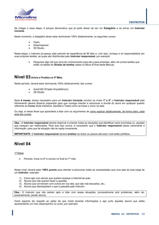 INSTRUTOR 
MANUAL DO INSTRUTOR 16 
Se chegar a essa etapa, é porque demonstrou que já pode deixar de ser um Estagiário e se tornar um Instrutor iniciante. 
Neste momento, o estagiário dever estar dominando 100% didaticamente, os seguintes cursos: 
 Flash; 
 Dreamweaver; 
 3D Studio. 
Nesta etapa, o Instrutor já passou pelo período de experiência de 90 dias e, com isso, começa a se responsabilizar por suas próprias tarefas, as quais são distribuídas pelo Instrutor responsável, por exemplo: 
 Pesquisar algo útil que sirva de conhecimento para ele e para empresa, além de outras tarefas que estão na tabela de divisão de tarefas citada no Bloco B final deste Manual. 
Nível 03 (Inicia e Finaliza no 5º Mês) 
Neste período, deverá estar dominando 100% didaticamente, tais cursos: 
 AutoCAD (Projeto Arquitetônico); 
 3D Studio. 
Após 4 meses, tempo necessário para um Instrutor iniciante concluir os níveis 1ª e 2ª, o Instrutor responsável pelo treinamento deverá deixá-lo preparado para que consiga orientar e solucionar a dúvida do aluno em qualquer quesito referente ao Curso (Aula interativa, Apostila e Teste) como se fosse o único na sala. 
Ou seja, é nesse Nível que aprenderá a lidar com os argumentos de como explicar didaticamente, de forma clara, cada aula dos cursos. 
Obs.: O Instrutor responsável deverá observar e orientar todas as situações que identificar como incorretas ou, aquelas que careçam ser melhoradas. Para que isso ocorra, é necessário que o Instrutor responsável passe claramente a informação, para que tal situação não se repita novamente. 
IMPORTANTE: O Instrutor responsável deverá analisar se todos os passos até esse nível estão perfeitos. 
Nível 04 
1ª Etapa 
 Período: Inicia no 6º e conclui no final do 7º mês. 
Neste nível, deverá estar 100% pronto para atender e solucionar todas as necessidades que uma sala de aula exige de um Instrutor, exemplo: 
1) Como agir com alunos que querem acessar a Internet da aula; 
2) Alunos que não querem fazer a apostila; 
3) Alunos que conversam com outros em voz alta, que são mal educados, etc.; 
4) Alunos que desrespeitam o que é passado pelo Instrutor. 
Obs.: O Instrutor que não estiver apto a lidar com essas situações, provavelmente terá problemas, além de, possivelmente, perder alunos. 
Outro aspecto diz respeito ao saber de que modo levantar informações e agir junto àqueles alunos que estão apresentando um mau desempenho no curso, por exemplo: 
 