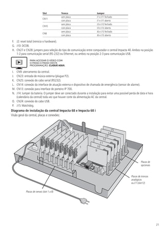 21
Slot Tronco Jumper
CN11
sem placa J1 e J11 fechado
com placa J1 e J11 aberto
CN10
sem placa J3 e J12 fechado
com placa J3 e J12 aberto
CN8
sem placa J6 e J13 fechado
com placa J6 e J13 aberto
F.	 J2: reset total (reinicia o hardware).
G.	 J10: DCDB.
H.	 CN27 e CN28: jumpers para seleção do tipo de comunicação entre computador e central Impacta 40.Ambos na posição
1-2 para comunicação serial (RS-232) ou Ethernet, ou ambos na posição 2-3 para comunicação USB.
PARA ACESSAR O VÍDEO COM
O PASSO A PASSO DESTA
PROGRAMAÇÃO, CLIQUE AQUI.
I.	 CN9: aterramento da central.
J.	 CN23: entrada de música externa (plugue P2).
K.	 CN25: conexão do cabo serial (RS232).
L.	 CN14: conexão da interface de atuação externa e dispositivo de chamada de emergência (sensor de alarme).
M.	 CN13: conexão para interface de porteiro IP 700.
N.	 J14: Jumper da bateria. O jumper deve ser conectado durante a instalação para evitar uma possível perda de data e hora
(calendário da central) toda vez que houver corte da alimentação AC da central.
O.	 CN24: conexão do cabo USB.
P.	 J15:Watchdog.
Diagrama de instalação da central Impacta 68 e Impacta 68 i
Visão geral da central, placas e conexões:
8
7
6
5
4
3
2
1
9
10
11
12
13
14
15
Placas de
opcionais
Placas de troncos
analógicos
ou E1 (slot12)
Placas de ramais (slot 1 a 8)
 