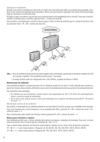 50
Operação em subsistema
Quando uma central é instalada nos ramais de um sistema de maior porte para obter um aumento de capacidade, consi-
dera-se que central está operando como subsistema. Nesse caso, para executar operações nos ramais da central principal
pode ser necessário o uso da tecla Flash.
Na figura a seguir, considere o caso em que uma chamada externa está estabelecida com o ramal B1. Para que o ramal B1
transfira a chamada para o ramal B2, pressione Flash + número do ramal B2.
Para transferir a chamada para o ramal A3, deve-se gerar o Flash na linha da central B, que é o ramal da central A. Para
tal, pressione Flash + # + 88 + número do ramal A3.
A1
A2
A3
B1
B1
Obs.: » 
Para um perfeito funcionamento das linhas ligadas como subsistemas, recomenda-se desativar o detector de 425
Hz no juntor e habilitar “Faz transferência juntor-juntor” nos ramais.
» 
O tempo de flash pode ser configurado entre 100 e 900ms, o padrão de fábrica é 300ms.
Monitoração de ambiente
Esta facilidade possibilita o acompanhamento de um ambiente através de um ramal. É muito utilizada para monitorar o
quarto de crianças,idosos,doentes,deficientes e para outras necessidades particulares que precisem de acompanhamento.
São necessárias duas operações:
»
» No ambiente que será monitorado, é preciso realizar uma programação (ver item 5.19. Ramal em monitoração) para
colocar o ramal em estado de monitoração.
»
» De um outro ramal, pode-se acessar o ramal sob monitoração com o seguinte comando pressionando # + 85 número
do ramal + *.
Monitoração externa de um ambiente
Para realizar a monitoração de um ambiente estando em um local externo à central,é preciso usar a facilidade Linha executiva.
Faça uma chamada para a central Impacta e, ao ser atendido pelo DISA., pressione # + 89 + número do ramal + # +
senha do ramal + *.
Para a monitoração, após receber tom de discar interno, pressione # + 85 + número do ramal + *.
Música para retenções e esperas
Esta facilidade permite ouvir a música utilizada pela central nas esperas e retenções de chamadas. Para ouvir a música
interna da central, retire o fone do gancho e pressione # + 86 + 0 +*.
Caso a central esteja utilizando uma fonte de música externa e desejar ouvi-la, retire o fone do gancho e pressione:
# + 86 +1 + * para música externa 1 (Impactas 16, 40, 68, 68 i, 94, 140, 220, 94 R, 140 R, 220 R e 300 R).
# + 86 + 2 + * para música externa 2 (Impactas 94, 140, 220, 94 R, 140 R, 220 R e 300 R).
 