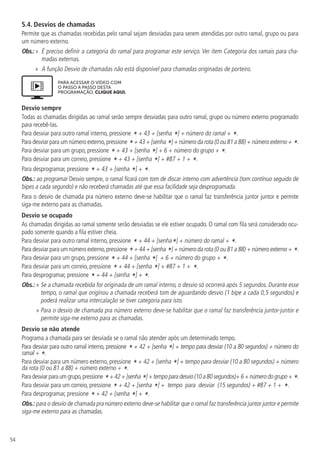54
5.4.  Desvios de chamadas
Permite que as chamadas recebidas pelo ramal sejam desviadas para serem atendidas por outro ramal, grupo ou para
um número externo.
Obs.: » 
É preciso definir a categoria do ramal para programar este serviço. Ver item Categoria dos ramais para cha-
madas externas.
»
» A função Desvio de chamadas não está disponível para chamadas originadas de porteiro.
PARA ACESSAR O VÍDEO COM
O PASSO A PASSO DESTA
PROGRAMAÇÃO, CLIQUE AQUI.
Desvio sempre
Todas as chamadas dirigidas ao ramal serão sempre desviadas para outro ramal, grupo ou número externo programado
para recebê-las.
Para desviar para outro ramal interno, pressione * + 43 + [senha *] + número do ramal + *.
Para desviar para um número externo,pressione *+ 43 + [senha *] + número da rota (0 ou 81 a 88) + número externo + *.
Para desviar para um grupo, pressione * + 43 + [senha *] + 6 + número do grupo + *.
Para desviar para um correio, pressione * + 43 + [senha *] + #87 + 1 + *.
Para desprogramar, pressione * + 43 + [senha *] + *.
Obs.: ao programar Desvio sempre, o ramal ficará com tom de discar interno com advertência (tom contínuo seguido de
bipes a cada segundo) e não receberá chamadas até que essa facilidade seja desprogramada.
Para o desvio de chamada pra número externo deve-se habilitar que o ramal faz transferência juntor juntor e permite
siga-me externo para as chamadas.
Desvio se ocupado
As chamadas dirigidas ao ramal somente serão desviadas se ele estiver ocupado. O ramal com fila será considerado ocu-
pado somente quando a fila estiver cheia.
Para desviar para outro ramal interno, pressione * + 44 + [senha*] + número do ramal + *.
Para desviar para um número externo,pressione *+ 44 + [senha *] + número da rota (0 ou 81 a 88) + número externo + *.
Para desviar para um grupo, pressione * + 44 + [senha *] + 6 + número do grupo + *.
Para desviar para um correio, pressione * + 44 + [senha *] + #87 + 1 + *.
Para desprogramar, pressione * + 44 + [senha *] + *.
Obs.: » 
Se a chamada recebida for originada de um ramal interno, o desvio só ocorrerá após 5 segundos. Durante esse
tempo, o ramal que originou a chamada receberá tom de aguardando desvio (1 bipe a cada 0,5 segundos) e
poderá realizar uma intercalação se tiver categoria para isto.
» 
Para o desvio de chamada pra número externo deve-se habilitar que o ramal faz transferência juntor-juntor e
permite siga-me externo para as chamadas.
Desvio se não atende
Programa a chamada para ser desviada se o ramal não atender após um determinado tempo.
Para desviar para outro ramal interno, pressione *+ 42 + [senha *] + tempo para desviar (10 a 80 segundos) + número do
ramal + *.
Para desviar para um número externo, pressione *+ 42 + [senha *] + tempo para desviar (10 a 80 segundos) + número
da rota (0 ou 81 a 88) + número externo + *.
Paradesviarparaumgrupo,pressione*+42+[senha*]+tempoparadesvio(10a80segundos)+6+númerodogrupo+*.
Para desviar para um correio, pressione * + 42 + [senha *] + tempo para desviar (15 segundos) + #87 + 1 + *.
Para desprogramar, pressione * + 42 + [senha *] + *.
Obs.: para o desvio de chamada pra número externo deve-se habilitar que o ramal faz transferência juntor juntor e permite
siga-me externo para as chamadas.
 