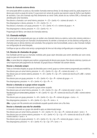 55
Desvio de chamada externa direta
Um ramal pode definir se aceita ou não receber chamadas externas diretas. Se não desejar aceitá-las, pode programar um
desvio para ramal ou grupo de ramais. É o que ocorre em ramais de usuários que exercem cargo de chefia e que dispõem
de secretária. Caso uma chamada seja feita diretamente ao ramal Chefe, através do seu número DDR, a chamada será
atendida pelo ramal Secretária.
Para desviar a chamada a um ramal interno, pressione * + 53 + [senha *] + número do ramal + *.
Para desprogramar o desvio, pressione * + 53 + [senha *] + *.
Para desviar a chamada a um grupo, pressione * + 53 + [senha *] + 6 + número do grupo + *.
Para desprogramar o desvio, pressione * + 53 + [senha *] + *.
Programação de fábrica: sem desvio de chamadas externas.
5.5.  Chamada múltipla
Um ramal pode ser programado para que, ao receber uma chamada interna ou externa, outros dois números externos e
um número interno possam ser chamados simultaneamente.Ao atender a chamada em um dos destinos configurados, as
chamadas para os demais destinos será cancelada. Para programar esta funcionalidade, acesse a aba Chamada múltipla
nas configurações do ramal desejado.
Certifique-se que ao utilizar este serviço a programação de time out não esteja configurado para o respectivo juntor.
5.6.  Desvios de chamadas do grupo
Esta facilidade permite que as chamadas recebidas pelo grupo sejam desviadas para serem atendidas por outro ramal,
grupo ou para um número externo.
Obs.: o ramal deve ter categoria para realizar a programação de desvios para grupos. Para desvios externos, é preciso um
ramal responsável pelo pagamento da chamada. Os grupos Busca e Roteador não aceitam desvios.
Desviar a chamada sempre
Todas as chamadas dirigidas ao grupo são desviadas para o ramal, grupo ou número externo programado para recebê-las.
Para desviar para um ramal interno, pressione * + 43 + [senha *] + Gp + # + número do ramal + *.
Para desviar para um número externo, pressione *+ 43 + [senha *] + Gp + # + número da rota (0 ou 81 a 88) + número
externo + *.
Para desviar para um grupo, pressione * + 43 + [senha *] + Gp + # + número do grupo + *.
Para desprogramar, pressione * + 43 + [senha *] + Gp + # + *.
Desviar a chamada se o grupo estiver ocupado
A chamada é desviada somente quando o grupo estiver ocupado.
Para desviar para um ramal interno, pressione * + 44 + [senha *] + Gp + # + número do ramal + turno+ *.
Paradesviarparaumnúmeroexterno,pressione*+ 44 + [senha *] + Gp + #+ número da rota (0 ou 81 a 88) + número externo
+turno+ *.
Para desviar para um grupo, pressione * + 44 + [senha *] + Gp + # + número do grupo + turno + *.
Para desprogramar, pressione * + 44 + [senha *] + Gp + # + turno + *.
Obs.: o grupo com fila somente será considerado ocupado quando estiver com a fila cheia.
Desviar a chamada caso não for atendida
A chamada é desviada se o grupo não atendê-la após um determinado tempo.
Para desviar para um ramal interno, pressione * + 42 + [senha *] + Tp + Gp + # + número do ramal + turno + *.
Para desviar para um número externo, pressione * + 42 + [senha *] + Tp + Gp + # + número da rota (0 ou 81 a 88) +
número externo + turno + *.
Para desviar para um grupo, pressione * + 42 + [senha *] + Tp + Gp + # + número do grupo + turno + *.
Para desprogramar, pressione * + 42 + [senha *] + Tp + Gp + # + turno + *.
 