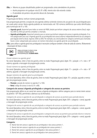 67
Obs.: »  Mesmo os grupos desabilitados podem ser programados como atendedores do porteiro.
»
» Aceita programar em qualquer rota (0, 81 a 88), mesmo elas não estando criadas.
»
» O atendedor de porteiro não permite desvio de chamadas.
Agenda geral
Programação de fábrica: nenhum número programado.
Esta programação permite a criação de uma agenda coletiva contendo números de uso geral e de uso privilegiado para
ser usada pelos ramais. Nesta agenda poderão ser memorizados até 100 números telefônicos que serão identificados
pela numeração de 01 a 100.
»
» Agenda geral: disponível para todos os ramais do PABX, desde que tenham categoria de acesso externo (local, regio-
nal, DDD ou DDI) que permita completar a chamada.
»
» Agenda privilegiada: disponível somente para os ramais que tenham categoria de acesso à agenda privilegiada. O ra-
mal categorizado para usar a Agenda geral de uso privilegiado terá acesso externo independentemente da sua categoria
para ligação externa (local, regional, DDD ou DDI). Por exemplo, seu ramal poderá ter categoria somente para chamadas
locais e estar categorizado para acessar um número interurbano via agenda geral de uso privilegiado.
Obs.: para utilizar a agenda geral e/ou privilegiada é necessário configurar também o feixe de saída do sistema (Roteamento
-Associação de feixes a rotas).
PARA ACESSAR O VÍDEO COM
O PASSO A PASSO DESTA
PROGRAMAÇÃO, CLIQUE AQUI.
Gravar número na agenda geral
No ramal Operadora, retire o fone do gancho, entre no modo Programação geral, digite 70 + posição + # + rota + Nº
externo, aguarde a mensagem de programação correta.
Gravar número na agenda privilegiada
No ramal Operadora, retire o fone do gancho, entre no modo Programação geral, digite 71 + posição + # + rota + Nº
externo, aguarde a mensagem de programação correta.
Apagar números da agenda geral ou privilegiada
No ramal Operadora, retire o fone do gancho, entre no modo Programação geral, digite 70 + posição, aguarde a mensa-
gem de programação correta.
»
» Posição: posição do número na agenda (1 a 100).
»
» Rota: código de acesso à rota (0, 81 a 88).
Categoria de acesso à Agenda privilegiada e categoria de acesso ao porteiro
Esta programação define se um ramal tem acesso a Agenda privilegiada e define categoria para os ramais terem acesso
ao porteiro 1 (IP 700), permitindo a abertura sua da fechadura.
Categoria de acesso à agenda de uso privilegiado e categoria de acesso ao porteiro para período diurno
No ramal Operadora, retire o fone do gancho, entre no modo Programação geral, digite 359 + categoria + ramal, aguarde
a mensagem de programação correta.
Categoria de acesso à agenda de uso privilegiado e categoria de acesso ao porteiro para período noturno
No ramal Operadora, retire o fone do gancho, entre no modo Programação geral, digite 369 + categoria + ramal, aguarde
a mensagem de programação correta.
Categoria de acesso à agenda de uso privilegiado e categoria de acesso ao porteiro para período diurno e noturno
No ramal Operadora, retire o fone do gancho, entre no modo Programação geral, digite 379 + categoria + ramal, aguarde
a mensagem de programação correta.
Categoria:
0. Ramal não tem acesso à agenda de uso privilegiada e não acessa porteiro 1.
1. Ramal não tem acesso à agenda de uso privilegiada tem acesso porteiro 1.
2. Ramal tem acesso à agenda de uso privilegiada e não acessa porteiro 1.
3. Ramal tem acesso à agenda de uso privilegiada e tem acesso porteiro 1.
 
