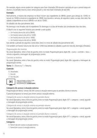 72
Por exemplo, alguns ramais podem ter categoria para fazer chamadas DDI durante o período em que a central esteja em
diurno e, no período noturno, esses ramais passam a não mais fazer chamadas do tipo DDI.
Exemplo:
Normalmente, a maioria das empresas no Brasil iniciam seus expedientes às 08h00, param para almoço às 12h00, re-
tornam às 14h00 e encerram o expediente às 18h00. Isso durante a semana, de segunda à sexta, ou seja, dias úteis. No
sábado o expediente se inicia à 08h00 e vai até às 12h00.
Os sábados são dias parcialmente úteis.
No domingo e nos feriados não há expediente. Os domingos e os dias de feriados são considerados dias não-úteis.
O ideal é criar os seguintes horários para atender a este quadro:
»
» Um horário diurno dia útil às 08h00.
»
» Um horário noturno dia útil às 12h00.
»
» Um horário diurno dia útil às 14h00.
»
» Um horário noturno dia útil às 18h00.
Isso atende o período de segunda à sexta (dias úteis) e o início de sábado (dia parcialmente útil).
Crie também um horário noturno dia não-útil às 12h00 (isso atenderá os sábados a partir do meio dia, domingos e feriados).
Programações dos horários
No ramal Operadora, retire o fone do gancho, entre no modo Programação geral, digite 86 + turno + controle + hora +
minuto e aguarde a mensagem de programação correta.
Cancelar os horários
No ramal Operadora, retire o fone do gancho, entre no modo Programação geral, digite 86 e aguarde a mensagem de
programação correta.
Turno: 0 = Diurno ou 1 = Noturno.
Controle:
0.	Desativado.
1.		
Dia útil.
2.		
Dia não útil.
PARA ACESSAR O VÍDEO COM
O PASSO A PASSO DESTA
PROGRAMAÇÃO, CLIQUE AQUI.
Categoria de acesso à atuação externa
Programação de fábrica: ramais não têm acesso à atuação externa para os períodos diurno e noturno.
É possível programar os ramais para terem acesso à atuação externa.
Categoria de acesso à atuação externa no período diurno
No ramal Operadora, retire o fone do gancho, entre no modo Programação geral, digite 357 + categoria + ramal, aguarde
a mensagem de programação correta.
Categoria de acesso à atuação externa no período noturno
No ramal Operadora, retire o fone do gancho, entre no modo Programação geral, digite 367 + categoria + ramal, aguarde
a mensagem de programação correta.
Categoria de acesso à atuação externa no período diurno e noturno
No ramal Operadora, retire o fone do gancho, entre no modo Programação geral, digite 377 + categoria + ramal, aguarde
a mensagem de programação correta.
Categoria:
0.	Ramal não tem acesso à atuação externa.
1.		
Ramal tem acesso à atuação externa.
 