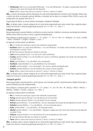80
»
» PerNomade: define se um ramal pode (PerNomade = 1) ou não (PerNomade = 0) realizar a programação Ramal Nô-
made em outro ramal. Esta função não está disponível.
»
» Turno: define o acesso como diurno ou noturno (1: diurno, 2: noturno, 0: ambos).
Obs.: o número de Atuações externas disponíveis em cada central dependerá dos acessórios nela instalados. Mesmo que
a central não tenha as atuações externas definidas, o comando não se altera e os campos ATUA2, ATUA3 e outros, são
configurados com qualquer valor (0 ou 1).
Programação de fábrica: os ramais aceitam intercalação e obedecem Fidelidade.
Obs.: se desejar copiar a mesma categoria de um ramal recém-programado para outros ramais, faça a seguinte progra-
mação sem encerrar o modo de programação pressione 18 + # + Rm + # + turno + *.
Categoria geral 3
Nesta programação é possível habilitar a conferência no ramal, permitir a habilitar o ramal para monitoração de ambiente,
habilitar acesso direto ao juntor e acesso a agenda privilegiada geral.
Para configurar a categoria geral 3,pressione * + 12 + senha + * + 19 + # + Rm + # + RecNoma + 0 + Conf + ConfAg
+ Monit + RecMonit + AcAgPri + AcNome + turno + *.
As seguintes variáveis devem ser definidas:
»
» Rm: é o número do ramal para o qual se está realizando a programação.
»
» RecNoma: define se o ramal aceita (RecNoma = 1) ou não (RecNoma = 0) receber ramais nômades. Esta função não
está disponível na versão 3.16.xx.
»
» 0: Valor fixo (reserva). Não deve ser omitido no comando.
»
» Conf: permite participar (Conf =1) ou não (Conf =0) de conferências.
»
» ConfAg: permite (ConfAg=1) ou não (ConfAg=0) o acesso à Conferência agendada. Esta função não está disponível
na versão 3.05.xx.
»
» Monit: permite (Monit =1) ou não (Monit =0) a monitoração.
»
» RecMonit: recebe (RecMonit=1) ou não (RecMonit=0) a monitoração.
»
» AcAgPri: permite (AcAgPri =1) ou não (AcAgPri =0) o acesso à agenda privilegiada geral.
»
» AcNome: permite (AcNome=1) ou não (AcNome=0) o acesso ao juntor específico.
»
» Turno: define o acesso como diurno ou noturno (1: diurno, 2: noturno, 0: ambos).
Obs.: se desejar copiar a mesma categoria de um ramal recém-programado para outros ramais, faça a seguinte progra-
mação sem encerrar o modo de programação pressione 19 + # + Rm + # + turno + *.
Categoria geral 4
Nesta programação é possível permitir o ramal capturar uma chamada, permitir o estacionamento, habilita rechamada, e
outras facilidades que serão implementadas.
Para configurar a categoria geral 4, pressione * + 12 + senha + * + 20 + # + Rm + # + PerCap + PerEst + PerGrav +
PerRcExt + PerRech + GrvOut + AutGrav + 0 + D/N+ *.
As seguintes variáveis devem ser definidas:
»
» Rm: é o número do ramal para o qual se está realizando a programação.
»
» PerCap: permite capturar (PerCap=1) ou não (PerCap=0) uma chamada.
»
» PerEst: permite estacionar (PerEst=1) ou não (PerEst=0) uma chamada.
»
» PerGrav: permite (PerGrav = 1) ou não (PerGrav = 0) o uso do gravador.Esta função não está disponível na versão 3.16.xx
»
» PerRcExt: permite (PeRcExt = 1) ou não (PeRcExt = 0) uma rechamada externa.
»
» PerRc: permite (PerRc = 1) ou não (PerRc = 0) rechamada interna.
»
» GRvOut: permite (GRvOut = 1) ou não (GRvOut = 0) gravar a ligação por outro ramal. Esta função não está disponível
na versão 3.16.xx
»
» AutGrav: autoriza (AutGrav=1) ou não (AutGrav=0) o uso do gravador por outro ramal.
»
» 0: valor fixo (reserva). Não deve ser omitido no comando.
»
» Turno: define o acesso como diurno ou noturno (1: diurno, 2: noturno, 0: ambos).
Obs.: se desejar copiar a mesma categoria de um ramal recém-programado para outros ramais, faça a seguinte progra-
mação sem encerrar o modo de programação pressione 20 + # + Rm + # + turno + *.
 