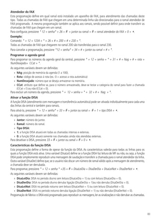 83
Atendedor do FAX
Esta programação define em qual ramal está instalado um aparelho de FAX, para atendimento das chamadas deste
tipo. Todas as chamadas de FAX que chegam em uma determinada linha são direcionadas para o ramal atendedor de
FAX programado. A mesma programação também se aplica aos ramais, sendo possível definir para onde transferir as
chamadas de FAX que chegam em um ramal.
Para configurar, pressione * 12 + senha* + 26 + # + juntor ou ramal + # + ramal atendedor do FAX + 0 + *.
Exemplo:
Comando: * + 12 + 1234 + * + 26 + # + 200 + # + 230 + *.
Todas as chamadas de FAX que chegarem no ramal 200 são transferidas para o ramal 230.
Para cancelar a programação, pressione *12 + senha* + 34 + # + juntor ou ramal + # + *.
Programar a agenda geral
Para programar os números da agenda geral da central, pressione * + 12 + senha + * + 31 + # + Nag + # + rota +
NumDesejado+ CCat + *.
As seguintes variáveis devem ser definidas:
»
» NAg: posição de memória da agenda (1 a 100).
»
» Rota: código de acesso à rota (ex.: 0 = acesso a rota automática)
»
» NumDesejado: número que se deseja armazenar na memória.
»
» CCat: atributo que define se, para o número armazenado, deve-se testar a categoria do ramal para fazer a chamada
(CCat =1) ou não (CCat = 0).
Para excluir um número da agenda, pressione * + 12 + senha + * + 32 + # + Nag + *.
Ativar a função DISA
A função DISA (atendimento com mensagem e transferência automática) pode ser ativada individualmente para cada uma
das linhas da central e também para ramais.
Para ativá-la, pressione * + 12 + senha* + 33 + # + juntor ou ramal = # + 1 + tipo DISA + *.
As seguintes variáveis devem ser definidas:
»
» Juntor: número do juntor.
»
» Ramal: número do ramal.
»
» Tipo DISA:
»
» 1: a função DISA atuará em todas as chamadas internas e externas.
»
» 0: a função DISA atuará somente nas chamadas ainda não atendidas externas.
Para desativar o DISA, pressione 33 + # + juntor ou ramal + # + 0 + *.
Características da função DISA
Esta programação define a forma de operar da função da DISA. As características valerão para todas as linhas para os
quais a função DISA está ativa. Uma variável (DisaLei) define se a função DISA faz leitura de MF ou não, ou seja, a função
DISA pode simplesmente reproduzir uma mensagem de saudação e transferir a chamada para o ramal atendedor da linha.
Outra variável (DisaDer) define que,se o usuário não discar um número de ramal válido após a mensagem de atendimento,
a chamada deve ser derrubada.
Para programar, pressione * + 12 + senha * +35 + # + DisaLeiDia + DisaDerDia + DisaLeiNot + DisaDerNot + *.
As seguintes variáveis devem ser definidas:
»
» DisaLeiDia: DISA no período diurno sem leitura (DisaLeiDia = 1) ou com leitura (DisaLeiDia = 0).
»
» DisaDerDia: DISA no período diurno derruba ligação (DisaDerDia = 1)ou não derruba (DisaDerDia = 0).
»
» DisaLeiNot: DISA no período noturno sem leitura (DisaLeiNot = 1) ou com leitura (DisaLeiNot = 0).
»
» DisaDerNot: DISA no período noturno derruba ligação (DisaDerNot = 1) ou não derruba (DisaDerNot = 0).
Programação de fábrica:o DISA está programado para reproduzir as mensagens,ler as sinalizações e não derrubar as chamadas.
 