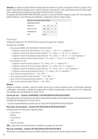 90
Atenção: ao instalar uma placa Ethernet na placa base de acessórios da central, é necessário verificar se a placa CPU já
possui a placa Ethernet integrada, pois a central irá priorizar a placa da CPU. Caso a placa Ethernet da CPU esteja inope-
rante, a placa Ethernet conectada na placa Base de Acessórios não irá funcionar.
As Impactas 94/140/220/94R/140R/220R/300R, possuem o circuito de Ethernet integrado à placa CPU. Na configurarão
padrão de fábrica, a placa Ethernet está habilitada e configurada conforme imagem abaixo:
Programação
Exemplo de endereço IP: 192 168 091 003 (os números IP sempre com 3 dígitos)
NumPorta: de 0 a 65000
»
» Para Impactas 68/68 i/ 94/140/220/94 R/140 R/220 R/300 R
»
» Programar número IP da placa Ethernet: *12 + senha + * + 39 + # + 1 + endereço IP + *
»
» Programar número IP da máscara da placa Ethernet: *12 + senha + * + 39 + # + 2 + máscara + *
»
» Programar número IP do gateway da placa Ethernet: *12 + senha + * + 39 + # + 3 + end. IP gateway + *
»
» Programar número da porta da placa Ethernet: *12 + senha + * + 39 + # + 4 + NumPorta + *
»
» Para Impactas 16 e 40
»
» Programar numero IP da placa Ethernet: *12 + senha + 39 + 1 + endereco IP + *
»
» Programar numero IP da mascara da placa Ethernet: *12 + senha + 39 + 2 + mascara + *
»
» Programar numero IP do gateway da placa Ethernet: *12 + senha + 39 + 3 + end. IP gateway + *
»
» Programar numero da porta da placa Ethernet: *12 + senha + 39 + 4 + NumPorta + *
»
» Ouvir número IP da placa Ethernet: * + 60 + 997 + *
»
» Ouvir máscara de rede IP da placa Ethernet: * + 60 + 996 + *
»
» Ouvir número IP do gateway da placa Ethernet: * + 60 + 995 + *
»
» Ouvir número da porta da placa Ethernet: * + 60 + 994 + *
Modem
Através do software Controller, a placa de modem permite que as centrais Impacta enviem as informações referentes
a bilhetagem, transmissão e recepção de programações à distância (programação remota) através de um computador.
Esta facilidade não está disponível na versão 3.05.xx.
Correio de voz1
- Centrais 16/40/68/68 i/ 94/140/220/94 R/140 R/220 R/300 R
Este acessório desvia as chamadas para um sistema de gravação de recados e de mensagens de boas vindas personalizadas.Esta
facilidade não está disponível na versão 3.05.xx.
1
Consultar disponibilidade do acessório para as centrais 94/140/220/94 R/140 R/220 R/300 R.
Placa Base de Acessórios - Centrais 94/140/220/94 R/140 R/220 R/300 R
Esta placa possui três slots para as seguintes placas:
»
» Correio de voz
»
» Modem
»
» Placa Ethernet
»
» VoIP
»
» Placa de comandos
Obs.: a placa base de acessórios pode ser instalada em qualquer slot da central.
Placa de comandos - Centrais 94/140/220/94 R/140 R/220 R/300 R
Disponibiliza as facilidades de acesso ao Porteiro eletrônico, Busca pessoa,Atuação externa e Sensores de alarme.
 