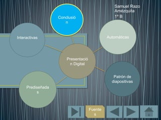 Samuel Razo 
Amézquita 
1º B 
Presentació 
n Digital 
Interactivas 
Prediseñada 
s 
Automáticas 
Patrón de 
diapositivas 
Fuente 
s 
Conclusió 
n 
 