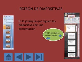 PATRÓN DE DIAPOSITIVAS 
Es la jerarquía que siguen las 
diapositivas de una 
presentación 
Patrón que siguen 
las diapositivas 
 