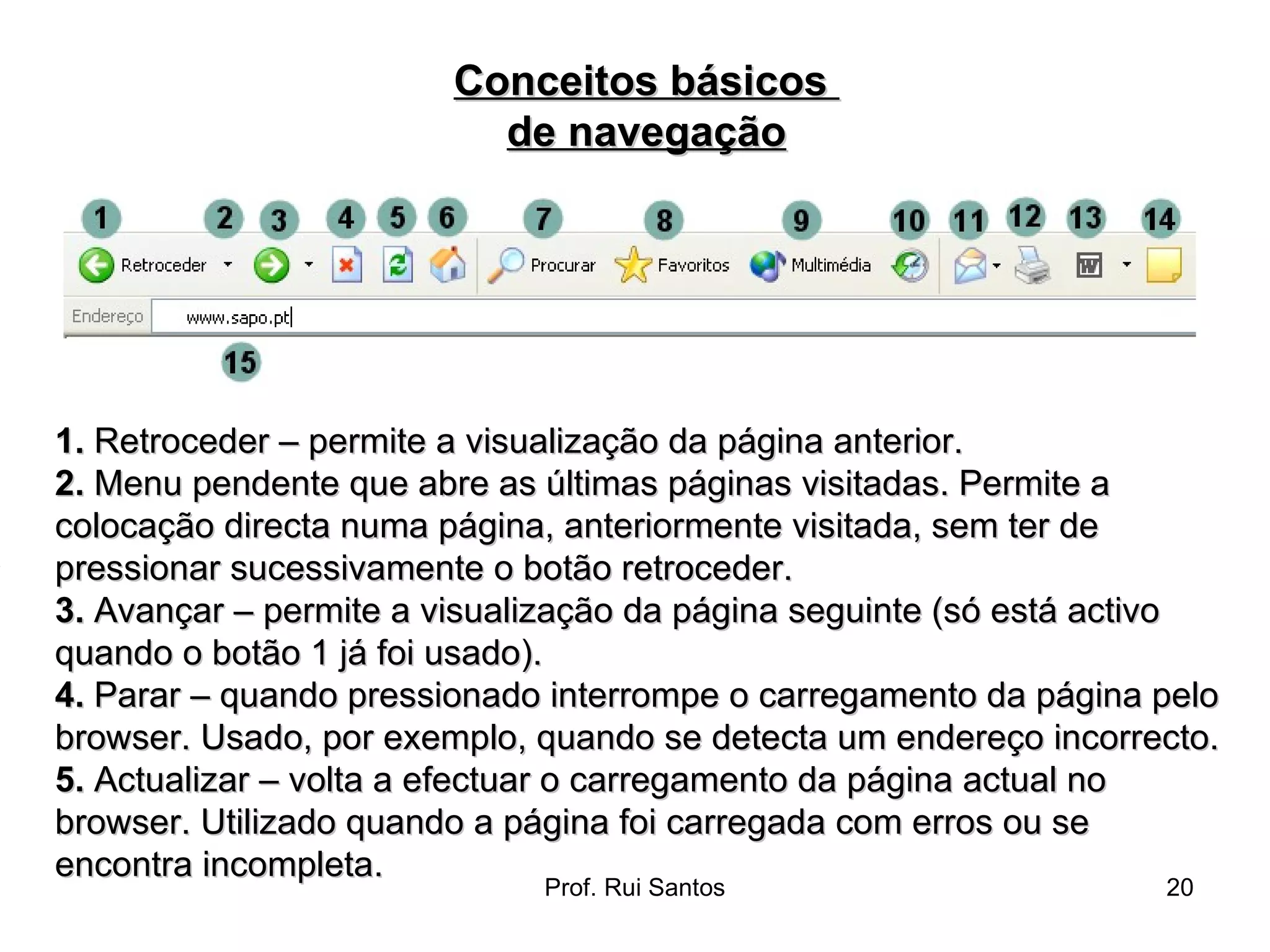 1.  Retroceder – permite a visualização da página anterior.  2.  Menu pendente que abre as últimas páginas visitadas. Permite a colocação directa numa página, anteriormente visitada, sem ter de pressionar sucessivamente o botão retroceder.  3.  Avançar – permite a visualização da página seguinte (só está activo quando o botão 1 já foi usado).  4.  Parar – quando pressionado interrompe o carregamento da página pelo browser. Usado, por exemplo, quando se detecta um endereço incorrecto.  5.  Actualizar – volta a efectuar o carregamento da página actual no browser. Utilizado quando a página foi carregada com erros ou se encontra incompleta.  Conceitos básicos  de navegação 
