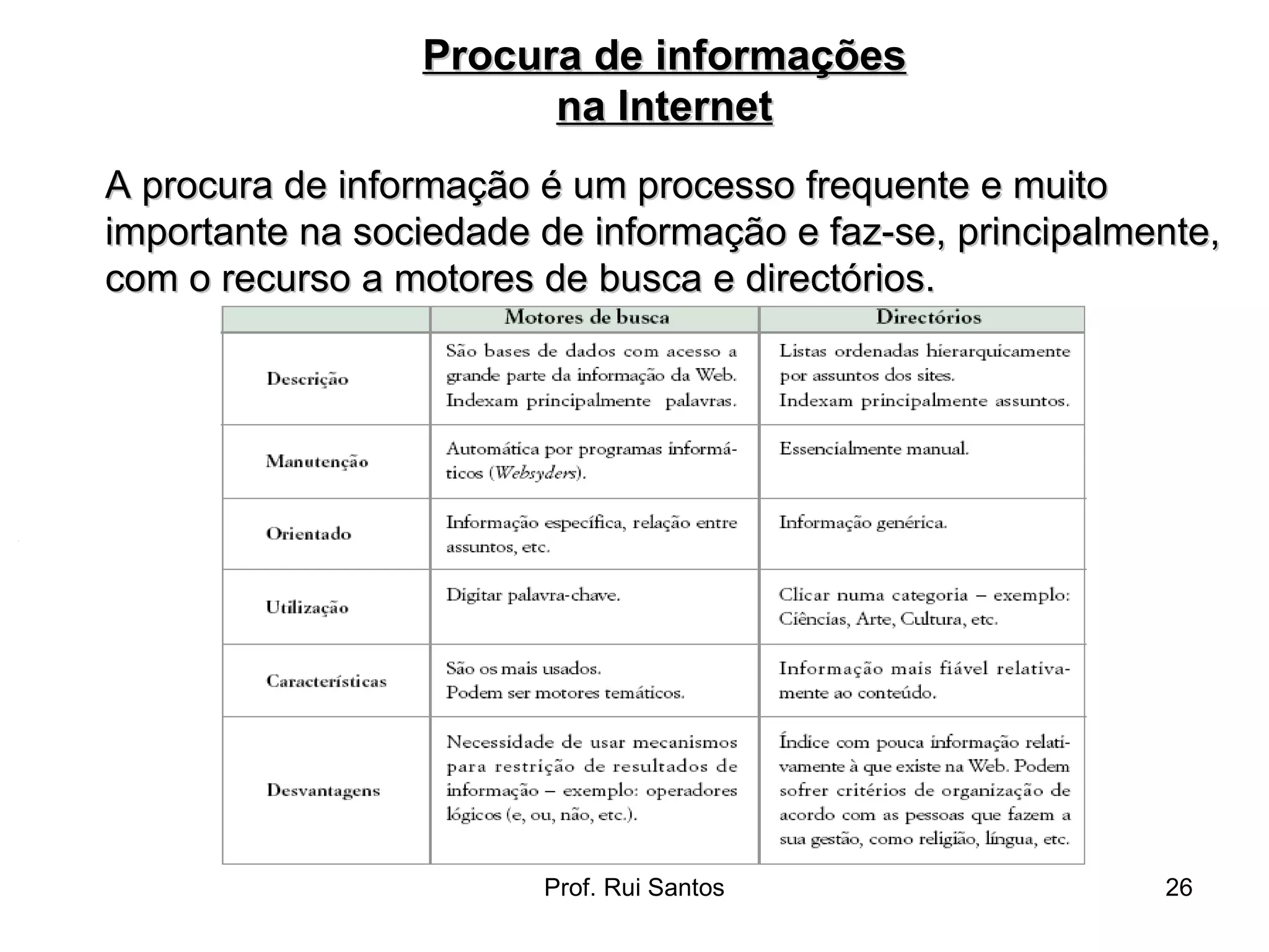 A procura de informação é um processo frequente e muito  importante na sociedade de informação e faz-se, principalmente, com o recurso a motores de busca e directórios. Procura de informações na Internet 