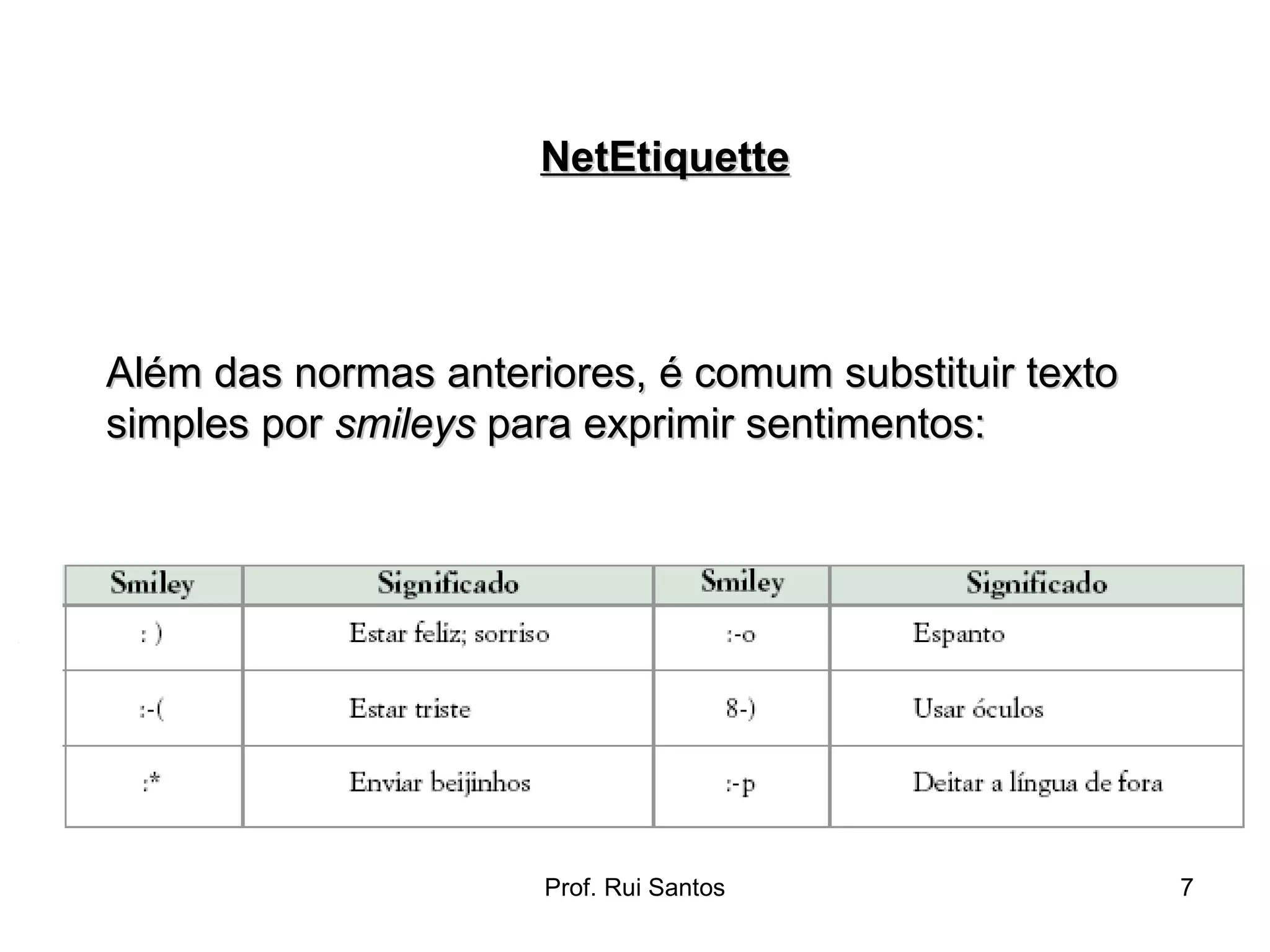 Além das normas anteriores, é comum substituir texto simples por  smileys  para exprimir sentimentos: NetEtiquette 