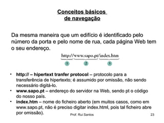 Da mesma maneira que um edifício é identificado pelo número da porta e pelo nome de rua, cada página Web tem o seu endereço. Conceitos básicos  de navegação http:// – hipertext tranfer protocol  – protocolo para a transferência de hipertexto; é assumido por omissão, não sendo necessário digitá-lo.  www.sapo.pt  – endereço do servidor na Web, sendo pt o código do nosso país.  index.htm  – nome do ficheiro aberto (em muitos casos, como em www.sapo.pt, não é preciso digitar index.html, pois tal ficheiro abre por omissão). 