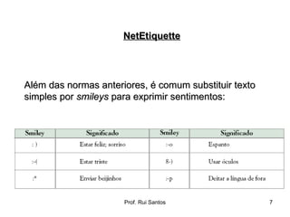 Além das normas anteriores, é comum substituir texto simples por  smileys  para exprimir sentimentos: NetEtiquette 