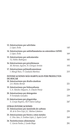 13. Intoxicaciones por salicilatos
    J. López Ávila                                               145
14. Intoxicaciones por antiinflamatorios no esteroideos (AINE)
    J. López Ávila                                               169
15. Intoxicaciones por anticatarrales
    F.J. Núñez Rodríguez                                         183
16. Intoxicaciones por psicofármacos
    M. Herranz Aguirre, N. Clerigué Arrieta                      193
17. Intoxicaciones polimedicamentosas
    I. Mongil Ruiz, V. Canduela Martínez                         215

INTOXICACIONES MÁS HABITUALES POR PRODUCTOS
DE HOGAR
18. Intoxicaciones por álcalis-cáusticos
    J.A. Muñoz Bernal                                            221
19. Intoxicaciones por hidrocarburos
    C.A. Sánchez Salguero, A. Chacón Parejo                      229
20. Intoxicaciones por detergentes
    P. Fernández González                                        239
21. Intoxicaciones por plaguicidas
    E. Crespo Rupérez, M.P. Falero Gallego                       247

OTRAS INTOXICACIONES
22. Intoxicaciones por monóxido de carbono
    M. de la Torre Espí, J.C. Molina Cabañero                    259
23. Intoxicaciones por hierro y otros metales
    C. Díez Sáez, S. Esteban López, J. Ayala Curiel              269
24. Toxiinfecciones alimentarias
    C. García Pardos, J. Landa Maya                              281
 