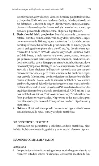 Intoxicaciones por antiinflamatorios no esteroideos (AINE)             175


   desorientación, convulsiones, vómitos, hemorragia gastrointestinal
   y citopenias. El diclofenaco produce vómitos, fallo hepático de ini-
   cio diferido (1-3 meses) de origen idiosincrásico, tinnitus, alucina-
   ciones y fallo renal agudo. Las sobredosis de sulindaco son excep-
   cionales, provocando estupor, coma, oliguria e hipotensión.
5. Derivados del ácido propiónico. Los síntomas más comunes son
   cefalea, tinnitus, somnolencia, vómitos y dolor abdominal. Inges-
   tiones menores de 100 mg/kg no son tóxicas. La toxicidad severa
   por ibuprofeno se ha informado principalmente en niños, y puede
   ocurrir en ingestiones por encima de 400 mg/kg. Los síntomas apa-
   recen a las 4 horas en el 9% de los adultos y 5% de los niños, ceden
   en 24-48 horas, e incluyen convulsiones, coma, apnea, hemorra-
   gia gastrointestinal, colitis isquémica, hipotensión, bradicardia, aci-
   dosis metabólica con anión gap aumentado, trombocitopenia leve,
   fallo renal y hepático. Hallazgos iniciales sugieren menos toxicidad
   asociada a formulaciones de liberación sostenida que con compri-
   midos convencionales, pero recientemente se ha publicado el pri-
   mer caso de fallecimiento por intoxicación con ibuprofeno de libe-
   ración sostenida. La causa de la acidosis metabólica no está bien
   establecida, pero el ácido láctico sérico generalmente está sólo dis-
   cretamente elevado. Como todos los AINE son derivados de ácidos
   orgánicos (ibuprofeno del ácido propiónico), el AINE mismo o sus
   dos metabolitos ácidos, 2-hidroxiibuprofeno y 2-carboxilibupro-
   feno, pueden ser responsables. Naproxeno se ha asociado a pan-
   creatitis aguda y fallo renal. Fenoprofeno produce hipotensión y
   taquicardia.
6. Oxicams. Ocasionalmente puede ocasionar vértigo, visión borrosa,
   convulsiones, fallo renal, coma y acidosis metabólica.


DIAGNÓSTICO DIFERENCIAL
    Intoxicación por paracetamol y salicilatos, acidosis metabólica, hipo-
fosfatemia, hipomagnesemia, gastritis y enfermedad ulcerosa péptica.


EXÁMENES COMPLEMENTARIOS

Laboratorio
1. Los pacientes asintomáticos sin ingestiones asociadas generalmente no
   requieren estudios séricos ni urinarios. Considerar analítica de fun-
 