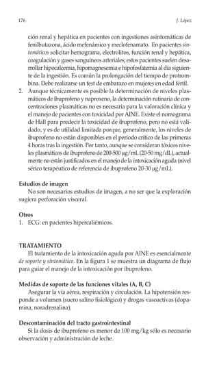 176                                                                 J. López


   ción renal y hepática en pacientes con ingestiones asintomáticas de
   fenilbutazona, ácido mefenámico y meclofenamato. En pacientes sin-
   tomáticos solicitar hemograma, electrolitos, función renal y hepática,
   coagulación y gases sanguíneos arteriales; estos pacientes suelen desa-
   rrollar hipocalcemia, hipomagnesemia e hipofosfatemia al día siguien-
   te de la ingestión. Es común la prolongación del tiempo de protrom-
   bina. Debe realizarse un test de embarazo en mujeres en edad fértil.
2. Aunque técnicamente es posible la determinación de niveles plas-
   máticos de ibuprofeno y naproxeno, la determinación rutinaria de con-
   centraciones plasmáticas no es necesaria para la valoración clínica y
   el manejo de pacientes con toxicidad por AINE. Existe el nomograma
   de Hall para predecir la toxicidad de ibuprofeno, pero no está vali-
   dado, y es de utilidad limitada porque, generalmente, los niveles de
   ibuprofeno no están disponibles en el período crítico de las primeras
   4 horas tras la ingestión. Por tanto, aunque se consideran tóxicos nive-
   les plasmáticos de ibuprofeno de 200-500 μg/mL (20-50 mg/dL), actual-
   mente no están justificados en el manejo de la intoxicación aguda (nivel
   sérico terapéutico de referencia de ibuprofeno 20-30 μg/mL).

Estudios de imagen
   No son necesarios estudios de imagen, a no ser que la exploración
sugiera perforación visceral.

Otros
1. ECG: en pacientes hipercaliémicos.


TRATAMIENTO
    El tratamiento de la intoxicación aguda por AINE es esencialmente
de soporte y sintomático. En la figura 1 se muestra un diagrama de flujo
para guiar el manejo de la intoxicación por ibuprofeno.

Medidas de soporte de las funciones vitales (A, B, C)
   Asegurar la vía aérea, respiración y circulación. La hipotensión res-
ponde a volumen (suero salino fisiológico) y drogas vasoactivas (dopa-
mina, noradrenalina).

Descontaminación del tracto gastrointestinal
   Si la dosis de ibuprofeno es menor de 100 mg/kg sólo es necesario
observación y administración de leche.
 