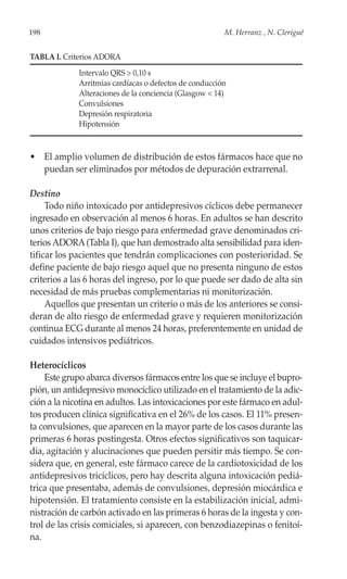 198                                                     M. Herranz , N. Clerigué


TABLA I. Criterios ADORA
             Intervalo QRS > 0,10 s
             Arritmias cardíacas o defectos de conducción
             Alteraciones de la conciencia (Glasgow < 14)
             Convulsiones
             Depresión respiratoria
             Hipotensión



• El amplio volumen de distribución de estos fármacos hace que no
  puedan ser eliminados por métodos de depuración extrarrenal.

Destino
     Todo niño intoxicado por antidepresivos cíclicos debe permanecer
ingresado en observación al menos 6 horas. En adultos se han descrito
unos criterios de bajo riesgo para enfermedad grave denominados cri-
terios ADORA (Tabla I), que han demostrado alta sensibilidad para iden-
tificar los pacientes que tendrán complicaciones con posterioridad. Se
define paciente de bajo riesgo aquel que no presenta ninguno de estos
criterios a las 6 horas del ingreso, por lo que puede ser dado de alta sin
necesidad de más pruebas complementarias ni monitorización.
     Aquellos que presentan un criterio o más de los anteriores se consi-
deran de alto riesgo de enfermedad grave y requieren monitorización
continua ECG durante al menos 24 horas, preferentemente en unidad de
cuidados intensivos pediátricos.

Heterocíclicos
    Este grupo abarca diversos fármacos entre los que se incluye el bupro-
pión, un antidepresivo monocíclico utilizado en el tratamiento de la adic-
ción a la nicotina en adultos. Las intoxicaciones por este fármaco en adul-
tos producen clínica significativa en el 26% de los casos. El 11% presen-
ta convulsiones, que aparecen en la mayor parte de los casos durante las
primeras 6 horas postingesta. Otros efectos significativos son taquicar-
dia, agitación y alucinaciones que pueden persitir más tiempo. Se con-
sidera que, en general, este fármaco carece de la cardiotoxicidad de los
antidepresivos tricíclicos, pero hay descrita alguna intoxicación pediá-
trica que presentaba, además de convulsiones, depresión miocárdica e
hipotensión. El tratamiento consiste en la estabilización inicial, admi-
nistración de carbón activado en las primeras 6 horas de la ingesta y con-
trol de las crisis comiciales, si aparecen, con benzodiazepinas o fenitoí-
na.
 