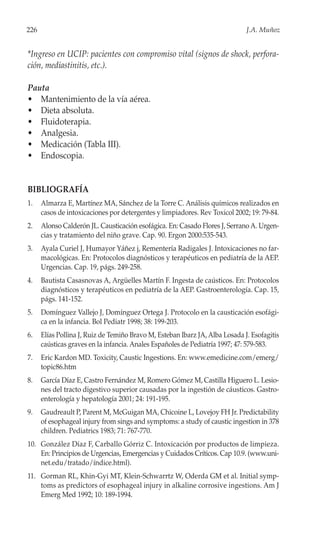 226                                                                           J.A. Muñoz


*Ingreso en UCIP: pacientes con compromiso vital (signos de shock, perfora-
ción, mediastinitis, etc.).

Pauta
• Mantenimiento de la vía aérea.
• Dieta absoluta.
• Fluidoterapia.
• Analgesia.
• Medicación (Tabla III).
• Endoscopia.


BIBLIOGRAFÍA
1.    Almarza E, Martínez MA, Sánchez de la Torre C. Análisis químicos realizados en
      casos de intoxicaciones por detergentes y limpiadores. Rev Toxicol 2002; 19: 79-84.
2.    Alonso Calderón JL. Causticación esofágica. En: Casado Flores J, Serrano A. Urgen-
      cias y tratamiento del niño grave. Cap. 90. Ergon 2000:535-543.
3.    Ayala Curiel J, Humayor Yáñez j, Rementería Radigales J. Intoxicaciones no far-
      macológicas. En: Protocolos diagnósticos y terapéuticos en pediatría de la AEP.
      Urgencias. Cap. 19, págs. 249-258.
4.    Bautista Casasnovas A, Argüelles Martín F. Ingesta de caústicos. En: Protocolos
      diagnósticos y terapéuticos en pediatría de la AEP. Gastroenterología. Cap. 15,
      págs. 141-152.
5.    Domínguez Vallejo J, Domínguez Ortega J. Protocolo en la causticación esofági-
      ca en la infancia. Bol Pediatr 1998; 38: 199-203.
6.    Elías Pollina J, Ruiz de Temiño Bravo M, Esteban Ibarz JA, Alba Losada J. Esofagitis
      caústicas graves en la infancia. Anales Españoles de Pediatría 1997; 47: 579-583.
7.    Eric Kardon MD. Toxicity, Caustic Ingestions. En: www.emedicine.com/emerg/
      topic86.htm
8.    García Díaz E, Castro Fernández M, Romero Gómez M, Castilla Higuero L. Lesio-
      nes del tracto digestivo superior causadas por la ingestión de cáusticos. Gastro-
      enterología y hepatología 2001; 24: 191-195.
9.    Gaudreault P, Parent M, McGuigan MA, Chicoine L, Lovejoy FH Jr. Predictability
      of esophageal injury from sings and symptoms: a study of caustic ingestion in 378
      children. Pediatrics 1983; 71: 767-770.
10. González Díaz F, Carballo Górriz C. Intoxicación por productos de limpieza.
    En: Principios de Urgencias, Emergencias y Cuidados Críticos. Cap 10.9. (www.uni-
    net.edu/tratado/índice.html).
11. Gorman RL, Khin-Gyi MT, Klein-Schwarrtz W, Oderda GM et al. Initial symp-
    toms as predictors of esophageal injury in alkaline corrosive ingestions. Am J
    Emerg Med 1992; 10: 189-1994.
 
