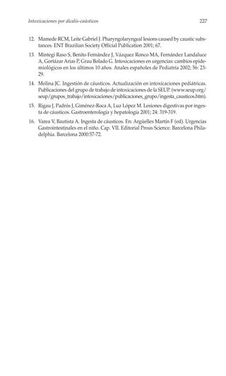 Intoxicaciones por álcalis-caústicos                                              227


12. Mamede RCM, Leite Gabriel J. Pharyngolaryngeal lesions caused by caustic subs-
    tances. ENT Brazilian Society Official Publication 2001; 67.
13. Mintegi Raso S, Benito Fernández J, Vázquez Ronco MA, Fernández Landaluce
    A, Gortázar Arias P, Grau Bolado G. Intoxicaciones en urgencias: cambios epide-
    miológicos en los últimos 10 años. Anales españoles de Pediatría 2002; 56: 23-
    29.
14. Molina JC. Ingestión de cáusticos. Actualización en intoxicaciones pediátricas.
    Publicaciones del grupo de trabajo de intoxicaciones de la SEUP. (www.seup.org/
    seup/grupos_trabajo/intoxicaciones/publicaciones_grupo/ingesta_causticos.htm).
15. Rigau J, Padrós J, Giménez-Roca A, Luz López M. Lesiones digestivas por inges-
    ta de cáusticos. Gastroenterología y hepatología 2001; 24: 319-319.
16. Varea V, Bautista A. Ingesta de cáusticos. En: Argüelles Martín F (ed). Urgencias
    Gastrointestinales en el niño. Cap. VII. Editorial Prous Science. Barcelona Phila-
    delphia. Barcelona 2000:57-72.
 