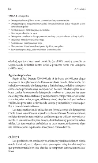 240                                                                    P. Fernández


TABLA I. Detergentes
• Detergentes lavavajillas a mano, convencionales y concentrados
• Detergentes para máquinas lavavajillas, convencionales en polvo y líquido, y con-
  centrados en polvo
• Abrillantadores para máquinas lavavajillas
• Jabones para lavado de ropa
• Detergentes para lavado de ropa, convencionales y concentrados en polvo y líquido
• Productos para el prelavado de ropa
• Anticalcáreos para lavado de ropa
• Blanqueantes liberadores de oxígeno, líquidos y en polvo
• Suavizantes para ropa, convencionales y concentrados




edades), que tuvo lugar en el domicilio (en el 99% casos) y consulta en
Urgencias de Pediatría dentro de las 2 primeras horas tras la ingesta
(> 80% casos).

Agentes implicados
    Según el Real Decreto 770/1999, de 18 de Mayo de 1999, por el que
se aprueba la reglamentación técnico-sanitaria para la elaboración, cir-
culación y comercio de detergentes y limpiadores, se define detergente
como «todo producto cuya composición ha sido estudiada para cola-
borar con los fenómenos de detergencia y se basa en componentes esen-
ciales (agentes tensioactivos) y componentes complementarios (coad-
yuvantes, reforzantes, cargas, aditivos y otros). Aquí se incluyen los lava-
vajillas, los productos de lavado de la ropa y superficies y todos aque-
llos a base de tensioactivos».
    Los tensioactivos más utilizados en formulaciones de detergentes
(Tabla I) son los aniónicos seguidos de los noiónicos. Más interés toxi-
cológico tienen los tensioactivos catiónicos que se utilizan mayoritaria-
mente en los suavizantes para la ropa, desinfectantes y productos indus-
triales. Los tensioactivos anfotéricos se usan menos, únicamente algu-
nas formulaciones líquidas los incorporan como aditivos.


CLÍNICA
    Los productos con tensioactivos aniónicos y noiónicos tienen escasa
o nula toxicidad, salvo algunos detergentes para máquinas lavavajillas
que por su contenido en sosa cáustica se comportan como cáusticos alca-
linos.
 