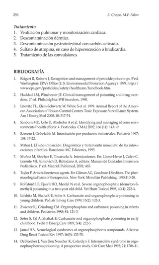 256                                                              E. Crespo, M.P. Falero


Tratamiento
1. Ventilación pulmonar y monitorización cardíaca.
2. Descontaminación dérmica.
3. Descontaminación gastrointestinal con carbón activado.
4. Sulfato de atropina, en caso de hipersecreción o bradicardia.
5. Tratamiento de las convulsiones.


BIBLIOGRAFÍA
1.    Reigart R, Roberts J. Recognition and management of pesticide poisonings. 5ªed.
      Washington: EPA's Office (U.S. Environmental Protection Agency). 1999. http://
      www.epa.gov/pesticides/safety/healthcare/handbook.htm.
2.    Haddad LM, Winchester JF. Clinical management of poisoning and drug over-
      dose. 2ª ed. Philadelphia: WB Saunders, 1990.
3.    Litovitz TL, Klein-Schwartz W, White S et al. 1999. Annual Report of the Ameri-
      can Association of Poison Control Centers Toxic Exposure Surveillance System.
      Am J Emerg Med 2000; 18: 517-74.
4.    Sanborn MD, Cole D, Abelsohn A et al. Identifying and managing adverse envi-
      ronmental health effects: 4. Pesticides. CMAJ 2002; 166 (11): 1431-9.
5.    Romero I, Gribelalde M. Intoxicación por productos industriales. Pediatría 1997;
      104: 17-22.
6.    Mateu J. El niño intoxicado. Diagnóstico y tratamiento inmediato de las intoxi-
      caciones infantiles. Barcelona: MC Ediciones, 1995.
7.    Muñoz M, Sánchez E, Tovaruela A. Intoxicaciones. En: López-Herce J, Calvo C,
      Lorente MJ, Jaimovich D, Baltodano A, editors. Manual de Cuidados Intensivos
      Pediátricos. 1ª ed. Madrid: Publimed, 2001; 465.
8.    Taylor P. Anticholinesterase agents. En: Gilman AG, Goodman LS editors. The phar-
      macological basis of therapeutics. New York: Mcmillan Publishing, 1985:110-28.
9.    Rolfsford LB, Fjaerli HO, Meidel N et al. Severe organophosphate (demeton-S-
      methyl) poisoning in a two-year old child. Vet Hum Toxicol 1998, 40(4): 222-4.
10. Lifshitz M, ShahaK E, Sofer S. Carbamate and organophosphate poisoning in
    young children. Pediatr Emerg Care 1999; 15(2): 102-3.
11. Zwiener RJ, Grinsburg CM. Organophosphate and carbamate poisoning in infants
    and children. Pediatrics 1988; 81: 121-3.
12. Sofer S, Tal A, Shahak E. Carbamate and organophosphate poisoning in early
    childhood. Pediatr Emerg Care 1989; 5(4): 222-5.
13. Jamal HA. Neurological syndromes of organophosphorus compounds. Adverse
    Drug React Toxicol Rev 1997; 16(3): 133-70.
14. DeBleecker J, Van Den Neucher K, Colardyn F. Intermediate syndrome in orga-
    nophosphorous poisoning: A prospective study. Crit Care Med 1993; 21: 1706-11.
 