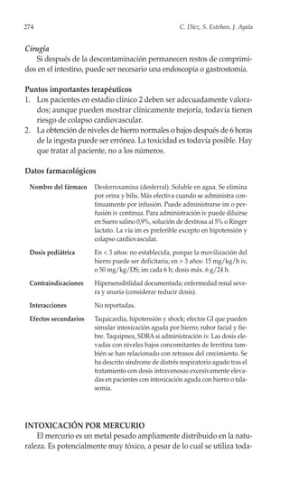 274                                                    C. Díez, S. Esteban, J. Ayala


Cirugía
   Si después de la descontaminación permanecen restos de comprimi-
dos en el intestino, puede ser necesario una endoscopia o gastrostomía.

Puntos importantes terapéuticos
1. Los pacientes en estadio clínico 2 deben ser adecuadamente valora-
   dos; aunque pueden mostrar clínicamente mejoría, todavía tienen
   riesgo de colapso cardiovascular.
2. La obtención de niveles de hierro normales o bajos después de 6 horas
   de la ingesta puede ser errónea. La toxicidad es todavía posible. Hay
   que tratar al paciente, no a los números.

Datos farmacológicos
 Nombre del fármaco    Desferroxamina (desferral). Soluble en agua. Se elimina
                       por orina y bilis. Más efectiva cuando se administra con-
                       tinuamente por infusión. Puede administrarse im o per-
                       fusión iv continua. Para administración iv puede diluirse
                       en Suero salino 0,9%, solución de dextrosa al 5% o Ringer
                       lactato. La vía im es preferible excepto en hipotensión y
                       colapso cardiovascular.
 Dosis pediátrica      En < 3 años: no establecida, porque la movilización del
                       hierro puede ser deficitaria; en > 3 años: 15 mg/kg/h iv,
                       o 50 mg/kg/DS; im cada 6 h; dosis máx. 6 g/24 h.
 Contraindicaciones    Hipersensibilidad documentada; enfermedad renal seve-
                       ra y anuria (considerar reducir dosis).
 Interacciones         No reportadas.
 Efectos secundarios   Taquicardia, hipotensión y shock; efectos GI que pueden
                       simular intoxicación aguda por hierro; rubor facial y fie-
                       bre. Taquipnea, SDRA si administración iv. Las dosis ele-
                       vadas con niveles bajos concomitantes de ferritina tam-
                       bién se han relacionado con retrasos del crecimiento. Se
                       ha descrito síndrome de distrés respiratorio agudo tras el
                       tratamiento con dosis intravenosas excesivamente eleva-
                       das en pacientes con intoxicación aguda con hierro o tala-
                       semia.




INTOXICACIÓN POR MERCURIO
    El mercurio es un metal pesado ampliamente distribuido en la natu-
raleza. Es potencialmente muy tóxico, a pesar de lo cual se utiliza toda-
 