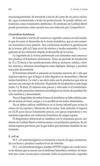 286                                                        C. García, J. Landa


mucosanguinolenta. Se transmite a través de carne de ave poco cocina-
da, agua contaminada o leche no pasteurizada. Se puede utilizar eri-
tromicina como tratamiento antibiotico. El síndrome de Guillain-Barré
puede presentarse como secuela tras una infección por Campylobacter.

Clostridium botulinum
    Se transmite a través de conservas vegetales caseras en mal estado,
lo que favorece el desarrollo de la toxina botulínica, que es una sustan-
cia neurotóxica muy potente. Tres condiciones facilitan la germinación
de la toxina: pH>4,5, bajo nivel de nitritos y medio anaerobio. La con-
gelación de los alimentos impide el desarrollo de la toxina.
    La ingestión de la toxina preformada con alimentos mal conserva-
dos produce el botulismo alimentario. Tiene un período de incubación
de 12 a 72 horas y las manifestaciones clínicas incluyen: cefalea, vómi-
tos, diarrea y síntomas neurológicos como diplopía, disfagia y parálisis
muscular descendente.
    El botulismo infantil se presenta en lactantes menores de 1 año que
ingieren esporas, que al llegar al tubo digestivo se desarrollan y liberan
toxina botulínica. La miel y sus derivados son lo productos que más se
asocian con este tipo de infección. El período de incubación es más largo
(entre 3 y 30 días). El síntoma más precoz y relevante es el estreñimien-
to, más tarde presentan síntomas neurológicos en forma de parálisis flá-
cida simétrica y descendente.
    Para el diagnóstico de ambas formas de botulismo se debe solicitar estu-
dio de toxina en heces, sangre y si es posible en los restos alimentarios.
    No se deben utilizar antibióticos en la forma infantil para evitar la
rotura de las esporas y liberación de la toxina. Está indicado el ingreso
en UCIP, para iniciar tratamiento precoz, con apoyo respiratorio y tra-
tamiento específico con antitoxina botulínica de origen equino.
    El diagnóstico diferencial se establece con la miastenia gravis, sín-
drome de Guillain-Barré o intoxicaciones con productos químicos. Se eli-
minan esporas por heces, por lo que habrá que mantener medidas de ais-
lamiento.

E. coli sp
    El E. coli enterotoxigénico se transmite a través de agua contamina-
da con heces y produce cuadros leves de enteritis.
    El E. coli enterohemorrágico serotipo 0157H7 origina un cuadro seve-
ro de diarrea que se asocia con el síndrome hemolítico-urémico. Se trans-
mite por carne vacuna poco cocinada, leche no pasteurizada, vegetales
 