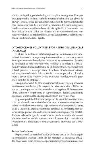 Intoxicaciones voluntarias en adolescentes                             323


pérdida de líquidos, podría dar lugar a complicaciones graves. Este pro-
ceso, responsable de la mayoría de muertes relacionadas con el uso de
MDMA, se caracteriza por cansancio, sensación de mareo, dificultades
para orinar, ausencia de sudoración y calambres. En casos más graves
puede aparecer alteración de la conciencia, agitación y, finalmente, cua-
dros clínicos caracterizados por hipertermia, a veces convulsiones, y un
cuadro evolutivo de rabdomiólisis, coagulación intravascular disemi-
nada e insuficiencia renal aguda.


INTOXICACIONES VOLUNTARIAS POR ABUSO DE SUSTANCIAS
INHALADAS
    El abuso de sustancias inhaladas puede ser definido como la inha-
lación intencionada de vapores químicos con fines recreativos, y es una
forma prevalente de abuso de sustancias entre los adolescentes. Este tipo
de inhalación es más conocido como «sniffing» y se refiere a la inhala-
ción de vapores, bien directamente de un recipiente abierto, bien de una
bolsa de plástico en la que previamente se ha vertido la sustancia (aero-
sol, spray) o mediante la inhalación de trapos empapados colocados
sobre la boca y nariz (vapores de hidrocarburos líquidos, como la gaso-
lina o líquidos de limpieza).
    Una gran variedad de productos industriales o del hogar pueden ser
usados como inhalantes, y la mayoría de estas sustancias volátiles tie-
nen en común que son relativamente baratas, legales y fácilmente acce-
sibles, tanto en el hogar como en supermercados. Son sustancias muy
lipofílicas, lo que facilita una rápida absorción a nivel del SNC.
    El prototipo del adolescente que presenta una intoxicación volun-
taria por abuso de sustancias inhaladas es un adolescente de sexo mas-
culino, de nivel socioeconómico bajo y con una edad comprendida entre
los 10 y 15 años. El abuso de sustancias inhaladas es considerado un fac-
tor de riesgo para el abuso de otras sustancias no legales, y la mortali-
dad asociada a este tipo de intoxicaciones puede ser atribuida tanto al
efecto tóxico directo de la sustancia volátil, como a los traumatismos
secundarios a la alteración del nivel de conciencia provocada por la inha-
lación.

Sustancias de abuso
    Se puede realizar una clasificación de las sustancias inhaladas según
su composición química (Tabla III). Sin embargo, las sustancias inhala-
das pocas veces están compuestas por un único producto químico. Es el
 