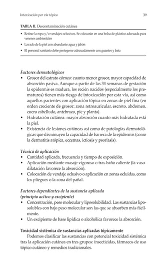 Intoxicación por vía tópica                                                               39


TABLA II. Descontaminación cutánea
• Retirar la ropa y/o vendajes oclusivos. Se colocarán en una bolsa de plástico adecuada para
  venenos ambientales
• Lavado de la piel con abundante agua y jabón
• El personal sanitario debe protegerse adecuadamente con guantes y bata




Factores dermatológicos
• Grosor del estrato córneo: cuanto menor grosor, mayor capacidad de
   absorción pasiva. Aunque a partir de las 34 semanas de gestación
   la epidermis es madura, los recién nacidos (especialmente los pre-
   maturos) tienen más riesgo de intoxicación por esta vía, así como
   aquellos pacientes con aplicación tópica en zonas de piel fina (en
   orden creciente de grosor: zona retroauricular, escroto, abdomen,
   cuero cabelludo, antebrazo, pie y planta).
• Hidratación cutánea: mayor absorción cuanto más hidratada está
   la piel.
• Existencia de lesiones cutáneas así como de patologías dermatoló-
   gicas que disminuyen la capacidad de barrera de la epidermis (como
   la dermatitis atópica, eccemas, ictiosis y psoriasis).

Técnica de aplicación
• Cantidad aplicada, frecuencia y tiempo de exposición.
• Aplicación mediante masaje vigoroso o tras baño caliente (la vaso-
   dilatación favorece la absorción).
• Colocación de vendaje oclusivo o aplicación en zonas ocluidas, como
   los pliegues o la zona del pañal.

Factores dependientes de la sustancia aplicada
(principio activo y excipiente)
• Concentración, peso molecular y liposolubilidad. Las sustancias lipo-
    solubles con bajo peso molecular son las que se absorben más fácil-
    mente.
• Un excipiente de base lipídica o alcohólica favorece la absorción.

Toxicidad sistémica de sustancias aplicadas tópicamente
    Podemos clasificar las sustancias con potencial toxicidad sistémica
tras la aplicación cutánea en tres grupos: insecticidas, fármacos de uso
tópico cutáneo y remedios tradicionales.
 