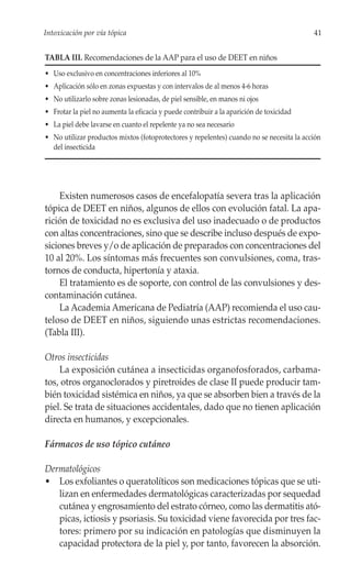 Intoxicación por vía tópica                                                               41


TABLA III. Recomendaciones de la AAP para el uso de DEET en niños
• Uso exclusivo en concentraciones inferiores al 10%
• Aplicación sólo en zonas expuestas y con intervalos de al menos 4-6 horas
• No utilizarlo sobre zonas lesionadas, de piel sensible, en manos ni ojos
• Frotar la piel no aumenta la eficacia y puede contribuir a la aparición de toxicidad
• La piel debe lavarse en cuanto el repelente ya no sea necesario
• No utilizar productos mixtos (fotoprotectores y repelentes) cuando no se necesita la acción
  del insecticida




    Existen numerosos casos de encefalopatía severa tras la aplicación
tópica de DEET en niños, algunos de ellos con evolución fatal. La apa-
rición de toxicidad no es exclusiva del uso inadecuado o de productos
con altas concentraciones, sino que se describe incluso después de expo-
siciones breves y/o de aplicación de preparados con concentraciones del
10 al 20%. Los síntomas más frecuentes son convulsiones, coma, tras-
tornos de conducta, hipertonía y ataxia.
    El tratamiento es de soporte, con control de las convulsiones y des-
contaminación cutánea.
    La Academia Americana de Pediatría (AAP) recomienda el uso cau-
teloso de DEET en niños, siguiendo unas estrictas recomendaciones.
(Tabla III).

Otros insecticidas
    La exposición cutánea a insecticidas organofosforados, carbama-
tos, otros organoclorados y piretroides de clase II puede producir tam-
bién toxicidad sistémica en niños, ya que se absorben bien a través de la
piel. Se trata de situaciones accidentales, dado que no tienen aplicación
directa en humanos, y excepcionales.

Fármacos de uso tópico cutáneo

Dermatológicos
• Los exfoliantes o queratolíticos son medicaciones tópicas que se uti-
   lizan en enfermedades dermatológicas caracterizadas por sequedad
   cutánea y engrosamiento del estrato córneo, como las dermatitis ató-
   picas, ictiosis y psoriasis. Su toxicidad viene favorecida por tres fac-
   tores: primero por su indicación en patologías que disminuyen la
   capacidad protectora de la piel y, por tanto, favorecen la absorción.
 