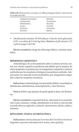 Antídotos más utilizados en intoxicaciones pediátricas                       59


TABLA III. Medicamentos asociados con QRS prolongado debido a alteración de
los canales del sodio
               Antidepresivos tricíclicos           Quinidina
               Carbamacepina                        Procainamida
               Difenhidramina                       Flecainida
               Cocaína                              Encainida
               Tioridazina                          Amantadina
               Fluoxetina                           Quinina



• Alcalinización urinaria: 50-100 mEq en 1 litro de suero glucosado
  al 5% a un ritmo de 2-3 ml/kg/hora. Mantener el pH urinario >7,5
  y pH en sangre 7,45-7,50.

    Efectos secundarios: riesgo de sobrecarga hídrica y alcalosis meta-
bólica.


BIPERIDENO (AKINETON®)
     Anticolinérgico de acción preferente sobre el sistema nervioso cen-
tral, con efectos vegetativos periféricos más débiles que la atropina. Su
efecto terapéutico se produce por un antagonismo competitivo contra la
acetilcolina por los receptores colinérgicos muscarínicos cerebrales. Ade-
más posee una marcada acción nicotinolítica, por antagonismo compe-
titivo sobre los receptores nicotínicos.

    Indicaciones: sintomatología extrapiramidal debida a neurolépticos
(fenotiacinas, butirofenona), metoclopramida y otros fármacos.

       Dosis iv: 0,04-0,1 mg/kg lenta. Se puede repetir la dosis a los 30 minu-
tos.

    Efectos secundarios: sequedad de boca, alteración en la acomoda-
ción visual, cansancio, vértigo, obnubilación; si la dosis es más elevada
se puede observar agitación, confusión, alucinaciones, delirio, cefalea e
insomnio.

BOTULISMO. TOXINA ANTIBOTULÍNICA

    Indicaciones: intoxicación por la toxina del Clostridium botulinum
(ingestión, inyección subcutánea de la toxina, arma química).
 