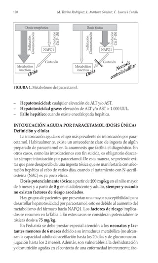 – Hepatotoxicidad: cualquier elevación de ALT y/o AST.
– Hepatotoxicidad grave: elevación de ALT y/o AST > 1.000 UI/L.
– Fallo hepático: cuando existe encefalopatía hepática.
INTOXICACIÓN AGUDA POR PARACETAMOL (DOSIS ÚNICA)
Definición y clínica
La intoxicación aguda es el tipo más prevalente de intoxicación por para-
cetamol. Habitualmente, existe un antecedente claro de ingesta de algún
preparado de paracetamol en la anamnesis que facilita el diagnóstico. En
otros casos, como las intoxicaciones con fin suicida, es obligatorio descar-
tar siempre intoxicación por paracetamol. De esta manera, se pretende evi-
tar que pase desapercibida una ingesta tóxica que se manifestaría con afec-
tación hepática al cabo de varios días, cuando el tratamiento con N-acetil-
cisteína (NAC) es ya poco eficaz.
Dosis potencialmente tóxica: a partir de 200 mg/kg en el niño mayor
de 6 meses y a partir de 8 g en el adolescente y adulto, siempre y cuando
no existan factores de riesgo asociados.
Hay grupos de pacientes que presentan una mayor susceptibilidad para
desarrollar hepatotoxicidad por paracetamol; esto es debido al aumento del
metabolismo del fármaco hacia NAPQ1. Los factores de riesgo implica-
dos se resumen en la Tabla I. En estos casos se consideran potencialmente
tóxicas dosis ≥ 75 mg/kg.
En Pediatría se debe prestar especial atención a los neonatos y lac-
tantes menores de 6 meses debido a su inmadurez metabólica (no alcan-
zan la capacidad adulta de acetilación hasta los 20 días y de glucuronocon-
jugación hasta los 2 meses). Además, son vulnerables a la deshidratación
y desnutrición agudas en el contexto de una enfermedad intercurrente, fac-
120 M. Triviño Rodríguez, L. Martínez Sánchez, C. Luaces i Cubells
Sulfatación
Glucuronización
Oxidación
Cit.
P-450
Metabolitos
inactivos
Glutatión
Orina
Sulfatación
Glucuronización
Oxidación
Cit.
P-450
Metabolitos
inactivos
Glutatión
Orina
NAPQ1 NAPQ1
Necrosis
centrolobulillar
Dosis terapéutica Dosis tóxica
FIGURA 1. Metabolismo del paracetamol.
 