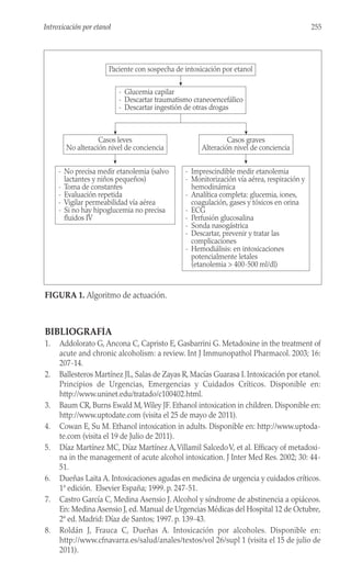 BIBLIOGRAFÍA
1. Addolorato G, Ancona C, Capristo E, Gasbarrini G. Metadoxine in the treatment of
acute and chronic alcoholism: a review. Int J Immunopathol Pharmacol. 2003; 16:
207-14.
2. Ballesteros Martínez JL, Salas de Zayas R, Macías Guarasa I. Intoxicación por etanol.
Principios de Urgencias, Emergencias y Cuidados Críticos. Disponible en:
http://www.uninet.edu/tratado/c100402.html.
3. Baum CR, Burns Ewald M, Wiley JF. Ethanol intoxication in children. Disponible en:
http://www.uptodate.com (visita el 25 de mayo de 2011).
4. Cowan E, Su M. Ethanol intoxication in adults. Disponible en: http://www.uptoda-
te.com (visita el 19 de Julio de 2011).
5. Díaz Martínez MC, Díaz Martínez A,Villamil SalcedoV, et al. Efficacy of metadoxi-
na in the management of acute alcohol intoxication. J Inter Med Res. 2002; 30: 44-
51.
6. Dueñas Laita A. Intoxicaciones agudas en medicina de urgencia y cuidados críticos.
1ª edición. Elsevier España; 1999. p. 247-51.
7. Castro García C, Medina Asensio J. Alcohol y síndrome de abstinencia a opiáceos.
En: Medina Asensio J, ed. Manual de Urgencias Médicas del Hospital 12 de Octubre,
2ª ed. Madrid: Díaz de Santos; 1997. p. 139-43.
8. Roldán J, Frauca C, Dueñas A. Intoxicación por alcoholes. Disponible en:
http://www.cfnavarra.es/salud/anales/textos/vol 26/supl 1 (visita el 15 de julio de
2011).
255
Introxicación por etanol
Paciente con sospecha de intoxicación por etanol
Casos leves
No alteración nivel de conciencia
- Glucemia capilar
- Descartar traumatismo craneoencefálico
- Descartar ingestión de otras drogas
Casos graves
Alteración nivel de conciencia
- No precisa medir etanolemia (salvo
lactantes y niños pequeños)
- Toma de constantes
- Evaluación repetida
- Vigilar permeabilidad vía aérea
- Si no hay hipoglucemia no precisa
fluidos IV
- Imprescindible medir etanolemia
- Monitorización vía aérea, respiración y
hemodinámica
- Analítica completa: glucemia, iones,
coagulación, gases y tóxicos en orina
- ECG
- Perfusión glucosalina
- Sonda nasogástrica
- Descartar, prevenir y tratar las
complicaciones
- Hemodiálisis: en intoxicaciones
potencialmente letales
(etanolemia > 400-500 ml/dl)
FIGURA 1. Algoritmo de actuación.
 