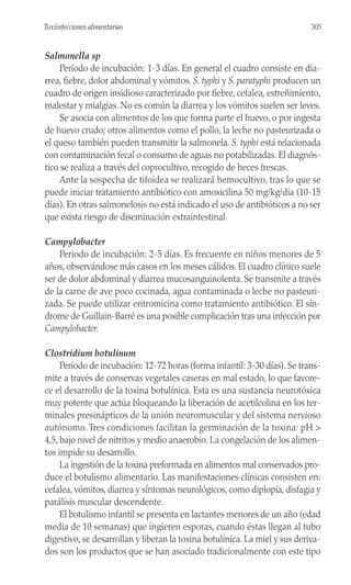 Salmonella sp
Período de incubación: 1-3 días. En general el cuadro consiste en dia-
rrea, fiebre, dolor abdominal y vómitos. S. typhi y S. paratyphi producen un
cuadro de origen insidioso caracterizado por fiebre, cefalea, estreñimiento,
malestar y mialgias. No es común la diarrea y los vómitos suelen ser leves.
Se asocia con alimentos de los que forma parte el huevo, o por ingesta
de huevo crudo; otros alimentos como el pollo, la leche no pasteurizada o
el queso también pueden transmitir la salmonela. S. typhi está relacionada
con contaminación fecal o consumo de aguas no potabilizadas. El diagnós-
tico se realiza a través del coprocultivo, recogido de heces frescas.
Ante la sospecha de tifoidea se realizará hemocultivo, tras lo que se
puede iniciar tratamiento antibiótico con amoxicilina 50 mg/kg/día (10-15
días). En otras salmonelosis no está indicado el uso de antibióticos a no ser
que exista riesgo de diseminación extraintestinal.
Campylobacter
Periodo de incubación: 2-5 días. Es frecuente en niños menores de 5
años, observándose más casos en los meses cálidos. El cuadro clínico suele
ser de dolor abdominal y diarrea mucosanguinolenta. Se transmite a través
de la carne de ave poco cocinada, agua contaminada o leche no pasteuri-
zada. Se puede utilizar eritromicina como tratamiento antibiótico. El sín-
drome de Guillain-Barré es una posible complicación tras una infección por
Campylobacter.
Clostridium botulinum
Período de incubación: 12-72 horas (forma infantil: 3-30 días). Se trans-
mite a través de conservas vegetales caseras en mal estado, lo que favore-
ce el desarrollo de la toxina botulínica. Esta es una sustancia neurotóxica
muy potente que actúa bloqueando la liberación de acetilcolina en los ter-
minales presinápticos de la unión neuromuscular y del sistema nervioso
autónomo. Tres condiciones facilitan la germinación de la toxina: pH >
4,5, bajo nivel de nitritos y medio anaerobio. La congelación de los alimen-
tos impide su desarrollo.
La ingestión de la toxina preformada en alimentos mal conservados pro-
duce el botulismo alimentario. Las manifestaciones clínicas consisten en:
cefalea, vómitos, diarrea y síntomas neurológicos, como diplopía, disfagia y
parálisis muscular descendente.
El botulismo infantil se presenta en lactantes menores de un año (edad
media de 10 semanas) que ingieren esporas, cuando éstas llegan al tubo
digestivo, se desarrollan y liberan la toxina botulínica. La miel y sus deriva-
dos son los productos que se han asociado tradicionalmente con este tipo
305
Toxiinfecciones alimentarias
 