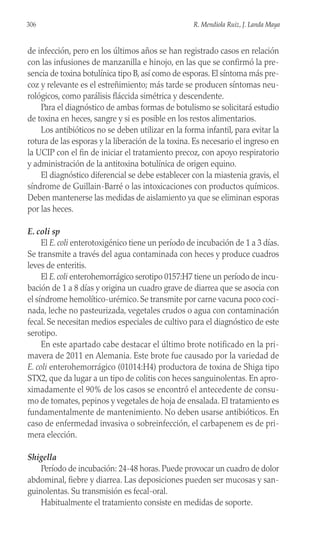 de infección, pero en los últimos años se han registrado casos en relación
con las infusiones de manzanilla e hinojo, en las que se confirmó la pre-
sencia de toxina botulínica tipo B, así como de esporas. El síntoma más pre-
coz y relevante es el estreñimiento; más tarde se producen síntomas neu-
rológicos, como parálisis fláccida simétrica y descendente.
Para el diagnóstico de ambas formas de botulismo se solicitará estudio
de toxina en heces, sangre y si es posible en los restos alimentarios.
Los antibióticos no se deben utilizar en la forma infantil, para evitar la
rotura de las esporas y la liberación de la toxina. Es necesario el ingreso en
la UCIP con el fin de iniciar el tratamiento precoz, con apoyo respiratorio
y administración de la antitoxina botulínica de origen equino.
El diagnóstico diferencial se debe establecer con la miastenia gravis, el
síndrome de Guillain-Barré o las intoxicaciones con productos químicos.
Deben mantenerse las medidas de aislamiento ya que se eliminan esporas
por las heces.
E. coli sp
El E. coli enterotoxigénico tiene un período de incubación de 1 a 3 días.
Se transmite a través del agua contaminada con heces y produce cuadros
leves de enteritis.
El E.coli enterohemorrágico serotipo 0157:H7 tiene un período de incu-
bación de 1 a 8 días y origina un cuadro grave de diarrea que se asocia con
el síndrome hemolítico-urémico. Se transmite por carne vacuna poco coci-
nada, leche no pasteurizada, vegetales crudos o agua con contaminación
fecal. Se necesitan medios especiales de cultivo para el diagnóstico de este
serotipo.
En este apartado cabe destacar el último brote notificado en la pri-
mavera de 2011 en Alemania. Este brote fue causado por la variedad de
E. coli enterohemorrágico (01014:H4) productora de toxina de Shiga tipo
STX2, que da lugar a un tipo de colitis con heces sanguinolentas. En apro-
ximadamente el 90% de los casos se encontró el antecedente de consu-
mo de tomates, pepinos y vegetales de hoja de ensalada. El tratamiento es
fundamentalmente de mantenimiento. No deben usarse antibióticos. En
caso de enfermedad invasiva o sobreinfección, el carbapenem es de pri-
mera elección.
Shigella
Período de incubación: 24-48 horas. Puede provocar un cuadro de dolor
abdominal, fiebre y diarrea. Las deposiciones pueden ser mucosas y san-
guinolentas. Su transmisión es fecal-oral.
Habitualmente el tratamiento consiste en medidas de soporte.
306 R. Mendiola Ruiz, J. Landa Maya
 