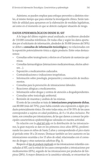 Asimismo, se pueden emplear para enfoque preventivo a distintos nive-
les, al mismo tiempo que para orientar la investigación clínica. Serán tam-
bién de utilidad para apoyarnos en la elaboración de medidas legislativas,
así como en el momento en que se detecte cualquier situación de riesgo.
DATOS EPIDEMIOLÓGICOS DESDE EL SIT
A lo largo del último registro anual analizado, se recibieron alrededor
de 110.000 consultas telefónicas. De todas ellas y según los datos aporta-
dos por el solicitante de información, alrededor de 30.000 (menos del 30%)
se deben a consultas de información toxicológica y no relacionadas con
la exposición potencialmente tóxica a algún producto. Entre estas destaca-
remos:
– Consultas sobre teratogénesis y efectos en el lactante de sustancias quí-
micas.
– Consultas farmacológicas (interacciones medicamentosas, efectos adver-
sos…).
– Exposición a medicamentos caducados.
– Contraindicaciones e indicaciones terapéuticas.
– Información sobre posología, preparación y conservación de medica-
mentos.
– Consultas para la prevención de intoxicaciones laborales.
– Reacciones alérgicas a medicamentos.
– Información sobre drogas y centros de atención a drogodependientes.
– Consultas sobre toxicología ambiental.
– Remisión de muestras y análisis de las mismas.
El resto de las consultas se trata de intoxicaciones propiamente dichas,
casi 80.000 (más del 70%), pues había existido una exposición a algún pro-
ducto potencialmente tóxico. De entre todas estas, en el 50-55% de los casos
corresponden a sujetos en edad pediátrica, de 0 a 14 años inclusive. Por
tanto, son consultas por intoxicaciones, de las que damos a conocer las prin-
cipales características epidemiológicas valoradas en nuestra actividad.
En relación con la edad del niño en la distribución de las intoxicacio-
nes, la gran mayoría se dan en los primeros cinco años (85%), predomi-
nando los casos en niños de hasta 2 años y correspondiendo el pico etario
al período entre 18 a 24 meses. Destacar también un leve aumento en las
intoxicaciones ocurridas a los 13 años de edad, relacionadas con el consu-
mo de drogas y otras sustancias adictivas (Fig. 1).
Respecto al tipo de producto implicado en las intoxicaciones infantiles con-
sultadas al SIT, casi la mitad de los casos corresponden a intoxicaciones por
medicamentos (45%), seguido de las intoxicaciones por productos de lim-
pieza (28%). A mayor distancia en la casuística valorada, se encuentran las
341
El Servicio de Información Toxicológica. Características y epidemiología
 