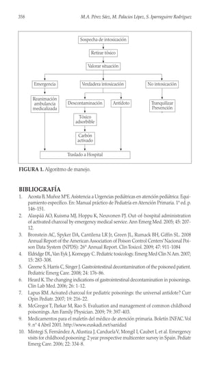 BIBLIOGRAFÍA
1. Acosta B, Muñoz MªE.Asistencia a Urgencias pediátricas en atención pediátrica: Equi-
pamiento específico. En: Manual práctico de Pediatría en Atención Primaria. 1ª ed. p.
146-151.
2. Alaspää AO, Kuisma MJ, Hoppu K, Neuvonen PJ. Out-of-hospital administration
of activated charcoal by emergency medical service.Ann Emerg Med. 2005; 45: 207-
12.
3. Bronstein AC, Spyker DA, Cantilena LR Jr, Green JL, Rumack BH, Giffin SL. 2008
Annual Report of the American Association of Poison Control Centers’Nacional Poi-
son Data System (NPDS): 26th
Annual Report. Clin Toxicol. 2009; 47: 911-1084
4. Eldridge DL,Van Eyk J, Kornegay C. Pediatric toxicology. Emerg Med Clin N Am. 2007;
15: 283-308.
5. Greene S, Harris C, Singer J. Gastrointestinal decontamination of the poisoned patient.
Pediatric Emerg Care. 2008; 24: 176-86.
6. Heard K.The changing indications of gastrointestinal decontamination in poisonings.
Clin Lab Med. 2006; 26: 1-12.
7. Lapus RM. Acivated charcoal for pediatric poisonings: the universal antidote? Curr
Opin Pediatr. 2007; 19: 216-22.
8. McGregor T, Parkar M, Rao S. Evaluation and management of common childhood
poisonings. Am Family Physician. 2009; 79: 397-403.
9. Medicamentos para el maletín del médico de atención primaria. Boletín INFAC.Vol
9. nº 4 Abril 2001. http://www.euskadi.net/sanidad
10. Mintegi S, Fernández A, Alustiza J, CanduelaV, Mongil I, Caubet I, et al. Emergency
visits for childhood poisoning: 2 year prospective multicenter survey in Spain. Pediatr
Emerg Care. 2006; 22: 334-8.
358 M.A. Pérez Sáez, M. Palacios López, S. Iparraguirre Rodríguez
Verdadera intoxicación No intoxicación
Descontaminación Antídoto Tranquilizar
Prevención
Sospecha de intoxicación
Traslado a Hospital
Valorar situación
Emergencia
Reanimación
ambulancia
medicalizada
Carbón
activado
Tóxico
adsorbible
Retirar tóxico
FIGURA 1. Algoritmo de manejo.
 