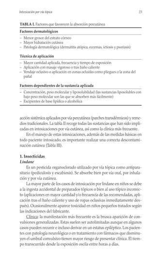 acción sistémica aplicados por vía percutánea (parches transdérmicos) y reme-
dios tradicionales. La tabla II recoge todas las sustancias que han sido impli-
cadas en intoxicaciones por vía cutánea, así como la clínica más frecuente.
En el manejo de estas intoxicaciones, además de las medidas básicas en
todo paciente intoxicado, es importante realizar una correcta descontami-
nación cutánea (Tabla III).
1. Insecticidas
Lindane
Es un pesticida organoclorado utilizado por vía tópica como antipara-
sitario (pediculosis y escabiosis). Se absorbe bien por vía oral, por inhala-
ción y por vía cutánea.
La mayor parte de los casos de intoxicación por lindane en niños se debe
a la ingesta accidental de preparados tópicos o bien al uso tópico incorrec-
to (aplicaciones en mayor cantidad y/o frecuencia de las recomendadas, apli-
cación tras el baño caliente y uso de ropas oclusivas inmediatamente des-
pués). Ocasionalmente aparece toxicidad en niños pequeños tratados según
las indicaciones del fabricante.
Clínica: la manifestación más frecuente es la brusca aparición de con-
vulsiones generalizadas. Estas suelen ser autolimitadas aunque en algunos
casos pueden recurrir e incluso derivar en un estatus epiléptico. Los pacien-
tes con patología neurológica o en tratamiento con fármacos que disminu-
yen el umbral convulsivo tienen mayor riesgo de presentar clínica. El tiem-
po transcurrido desde la exposición oscila entre horas a días.
23
Intoxicación por vía tópica
TABLA I. Factores que favorecen la absorción percutánea
Factores dermatológicos
– Menor grosor del estrato córneo
– Mayor hidratación cutánea
– Patología dermatológica (dermatitis atópica, eccemas, ictiosis y psoriasis)
Técnica de aplicación
– Mayor cantidad aplicada, frecuencia y tiempo de exposición
– Aplicación con masaje vigoroso o tras baño caliente
– Vendaje oclusivo o aplicación en zonas ocluidas como pliegues o la zona del
pañal
Factores dependientes de la sustancia aplicada
– Concentración, peso molecular y liposolubilidad (las sustancias liposolubles con
bajo peso molecular son las que se absorben más fácilmente)
– Excipientes de base lipídica o alcohólica
 