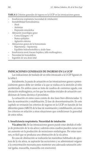 INDICACIONES GENERALES DE INGRESO EN LA UCIP
Las indicaciones de traslado de un niño intoxicado a la UCIP figuran en
la tabla I.
Inicialmente, la pauta de actuación en las intoxicaciones graves o poten-
cialmente graves debe ser similar a la que se realiza en la atención al niño
accidentado. En ambos casos se trata de cuadros de comienzo agudo, con
afectación multiorgánica, en los que las medidas iniciales de actuación con-
dicionan de forma decisiva el pronóstico.
La actuación en estos casos consta de dos fases bien diferenciadas: 1)
fase de reanimación y estabilización; 2) fase de descontaminación. En este
capítulo se revisarán los criterios de ingreso en la UCIP en función de los
diferentes pasos (ABCD) de la fase de reanimación y estabilización, así como
los criterios en relación a otras situaciones que condicionan la gravedad
de estos niños.
1. Insuficiencia respiratoria. Necesidad de intubación
Vía aérea (A). En las intoxicaciones graves puede estar abolido el refle-
jo de protección de la vía aérea y además estos cuadros pueden cursar con
un aumento en la producción de secreciones orofaríngeas. Por estas razo-
nes, es fácil que se produzca una obstrucción de la vía aérea.
En caso de obstrucción se realizarán las maniobras habituales de aper-
tura de la vía aérea, se aspirarán las secreciones y se administrará oxígeno
a la concentración necesaria para mantener una adecuada saturación arte-
rial (gafas, mascarilla, mascarilla con reservorio).
388 J.C. Molina Cabañero, M. de la Torre Espí
TABLA I. Criterios generales de ingreso en la UCIP en las intoxicaciones graves.
– Insuficiencia respiratoria (necesidad de intubación)
– Inestabilibidad hemodinámica
- Shock
- Arritmias
- Depresión miocárdica
– Alteración neurológica grave
- Coma (Glasgow < 9)
- Status epiléptico
- Agitación extrema
– Alteraciones graves de la homeostasis
- Hipertermia – hipotermia
- Equilibrio hidroelectrolítico y ácido-base
– Insuficiencia renal, fracaso hepático, fallo multiorgánico
– Necesidad de hemodiálisis
– Ingestión de una dosis letal
 
