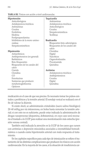 medicación en el caso de que sea preciso. Es necesario tomar los pulsos cen-
trales y periféricos y la tensión arterial. El sondaje vesical se realizará con el
fin de valorar la diuresis.
Si existe shock, se administrarán cristaloides (suero salino fisiológico)
20-40 ml/kg por vía intravenosa, en bolos hasta remontar la tensión arte-
rial; si con esto no es suficiente, puede estar indicada la administración de
drogas vasopresoras (dopamina, dobutamina), en cuyo caso será necesa-
rio el traslado a la UCIP para realizar una monitorización más estrecha (pre-
sión venosa central).
También está indicada la atención en la UCIP de los casos que cursen
con arritmias o depresión miocárdica asociados a inestabilidad hemodi-
námica o cuando exista hipertensión arterial con mala respuesta al trata-
miento.
En los capítulos específicos para cada tipo de intoxicación se refiere el tra-
tamiento de las distintas complicaciones que producen los tóxicos con acción
cardiovascular. En la mayoría de los casos, si la situación de insuficiencia car-
390 J.C. Molina Cabañero, M. de la Torre Espí
TABLA III. Tóxicos con acción a nivel cardiovascular.
Hipertensión
Anticolinérgicos
Antidepresivos tricíclicos
Anfetaminas
Cocaína
Fenilefrina
Efedrina
Fenilpropanolamina
Inhibidores de la mono-amino-
oxidasa
Simpaticomiméticos
Hipotensión
Antiarrítmicos
Antihipertensivos (en general)
Barbitúricos
Beta-bloqueantes
Bloqueantes de los canales del
calcio
Cianida
Clonidina
CO
Fenotiacinas
Sustancias que producen
metahemoglobinemia
Opiáceos
Taquicardia
Anfetaminas
Antidepresivos tricíclicos
Anticolinérgicos
Cocaína
Simpaticomiméticos
Teofilinas
Bradicardia
Bloqueantes beta-adrenérgicos
Bloqueantes de los canales del
calcio
Clonidina
Digital
Narcóticos
Organofosforados
Procainamida
Quinidina
Arritmias
Antidepresivos tricíclicos
Antihipertensivos
Cocaína
Digital
Quinidina
 