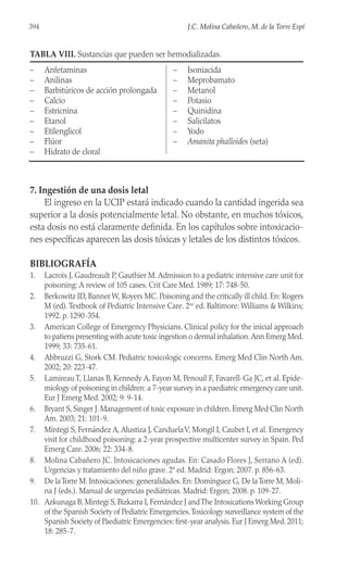 7. Ingestión de una dosis letal
El ingreso en la UCIP estará indicado cuando la cantidad ingerida sea
superior a la dosis potencialmente letal. No obstante, en muchos tóxicos,
esta dosis no está claramente definida. En los capítulos sobre intoxicacio-
nes específicas aparecen las dosis tóxicas y letales de los distintos tóxicos.
BIBLIOGRAFÍA
1. Lacroix J, Gaudreault P, Gauthier M. Admission to a pediatric intensive care unit for
poisoning: A review of 105 cases. Crit Care Med. 1989; 17: 748-50.
2. Berkowitz ID, Banner W, Royers MC. Poisoning and the critically ill child. En: Rogers
M (ed).Textbook of Pediatric Intensive Care. 2nd
ed. Baltimore: Williams & Wilkins;
1992. p. 1290-354.
3. American College of Emergency Physicians. Clinical policy for the inicial approach
to patiens presenting with acute toxic ingestion o dermal inhalation.Ann Emerg Med.
1999; 33: 735-61.
4. Abbruzzi G, Stork CM. Pediatric toxicologic concerns. Emerg Med Clin North Am.
2002; 20: 223-47.
5. Lamireau T, Llanas B, Kennedy A, Fayon M, Penouil F, Favarell-Ga JC, et al. Epide-
miology of poisoning in children: a 7-year survey in a paediatric emergency care unit.
Eur J Emerg Med. 2002; 9: 9-14.
6. Bryant S, Singer J. Management of toxic exposure in children. Emerg Med Clin North
Am. 2003; 21: 101-9.
7. Mintegi S, Fernández A, Alustiza J, CanduelaV, Mongil I, Caubet I, et al. Emergency
visit for childhood poisoning: a 2-year prospective multicenter survey in Spain. Ped
Emerg Care. 2006; 22: 334-8.
8. Molina Cabañero JC. Intoxicaciones agudas. En: Casado Flores J, Serrano A (ed).
Urgencias y tratamiento del niño grave. 2ª ed. Madrid: Ergon; 2007. p. 856-63.
9. De laTorre M. Intoxicaciones: generalidades. En: Domínguez G, De laTorre M, Moli-
na J (eds.). Manual de urgencias pediátricas. Madrid: Ergon; 2008. p. 109-27.
10. Azkunaga B, Mintegi S, Bizkarra I, Fernández J andThe Intoxications Working Group
of the Spanish Society of Pediatric Emergencies.Toxicology surveillance system of the
Spanish Society of Paediatric Emergencies: first-year analysis. Eur J Emerg Med. 2011;
18: 285-7.
394 J.C. Molina Cabañero, M. de la Torre Espí
TABLA VIII. Sustancias que pueden ser hemodializadas.
– Anfetaminas
– Anilinas
– Barbitúricos de acción prolongada
– Calcio
– Estricnina
– Etanol
– Etilenglicol
– Flúor
– Hidrato de cloral
– Isoniacida
– Meprobamato
– Metanol
– Potasio
– Quinidina
– Salicilatos
– Yodo
– Amanita phalloides (seta)
 