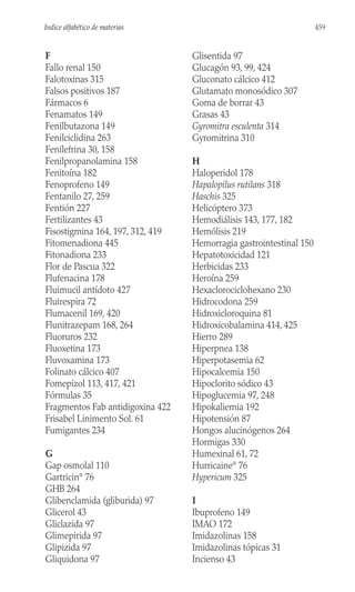F
Fallo renal 150
Falotoxinas 315
Falsos positivos 187
Fármacos 6
Fenamatos 149
Fenilbutazona 149
Fenilciclidina 263
Fenilefrina 30, 158
Fenilpropanolamina 158
Fenitoína 182
Fenoprofeno 149
Fentanilo 27, 259
Fentión 227
Fertilizantes 43
Fisostigmina 164, 197, 312, 419
Fitomenadiona 445
Fitonadiona 233
Flor de Pascua 322
Flufenacina 178
Fluimucil antídoto 427
Fluirespira 72
Flumacenil 169, 420
Flunitrazepam 168, 264
Fluoruros 232
Fluoxetina 173
Fluvoxamina 173
Folinato cálcico 407
Fomepizol 113, 417, 421
Fórmulas 35
Fragmentos Fab antidigoxina 422
Frisabel Linimento Sol. 61
Fumigantes 234
G
Gap osmolal 110
Gartricin®
76
GHB 264
Glibenclamida (gliburida) 97
Glicerol 43
Gliclazida 97
Glimepirida 97
Glipizida 97
Gliquidona 97
Glisentida 97
Glucagón 93, 99, 424
Gluconato cálcico 412
Glutamato monosódico 307
Goma de borrar 43
Grasas 43
Gyromitra esculenta 314
Gyromitrina 310
H
Haloperidol 178
Hapalopilus rutilans 318
Haschis 325
Helicóptero 373
Hemodiálisis 143, 177, 182
Hemólisis 219
Hemorragia gastrointestinal 150
Hepatotoxicidad 121
Herbicidas 233
Heroína 259
Hexaclorociclohexano 230
Hidrocodona 259
Hidroxicloroquina 81
Hidroxicobalamina 414, 425
Hierro 289
Hiperpnea 138
Hiperpotasemia 62
Hipocalcemia 150
Hipoclorito sódico 43
Hipoglucemia 97, 248
Hipokaliemia 192
Hipotensión 87
Hongos alucinógenos 264
Hormigas 330
Humexinal 61, 72
Hurricaine®
76
Hypericum 325
I
Ibuprofeno 149
IMAO 172
Imidazolinas 158
Imidazolinas tópicas 31
Incienso 43
459
Indice alfabético de materias
 