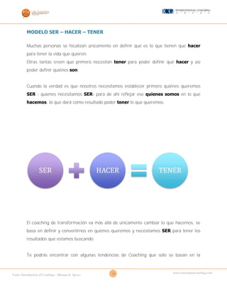 19Curso Introducción al Coaching – Manual de Apoyo
www.cursosparacoaching.com
MODELO SER – HACER – TENER
Muchas personas se focalizan únicamente en definir qué es lo que tienen que hacer
para tener la vida que quieren.
Otras tantas creen que primero necesitan tener para poder definir qué hacer y así
poder definir quiénes son.
Cuando la verdad es que nosotros necesitamos establecer primero quiénes queremos
SER - quienes necesitamos SER- para de ahí reflejar ese quienes somos en lo que
hacemos, lo que dará como resultado poder tener lo que queremos.
El coaching de transformación va más allá de únicamente cambiar lo que hacemos, se
basa en definir y convertirnos en quiénes queremos y necesitamos SER para tener los
resultados que estamos buscando.
Te podrás encontrar con algunas tendencias de Coaching que sólo se basan en la
 