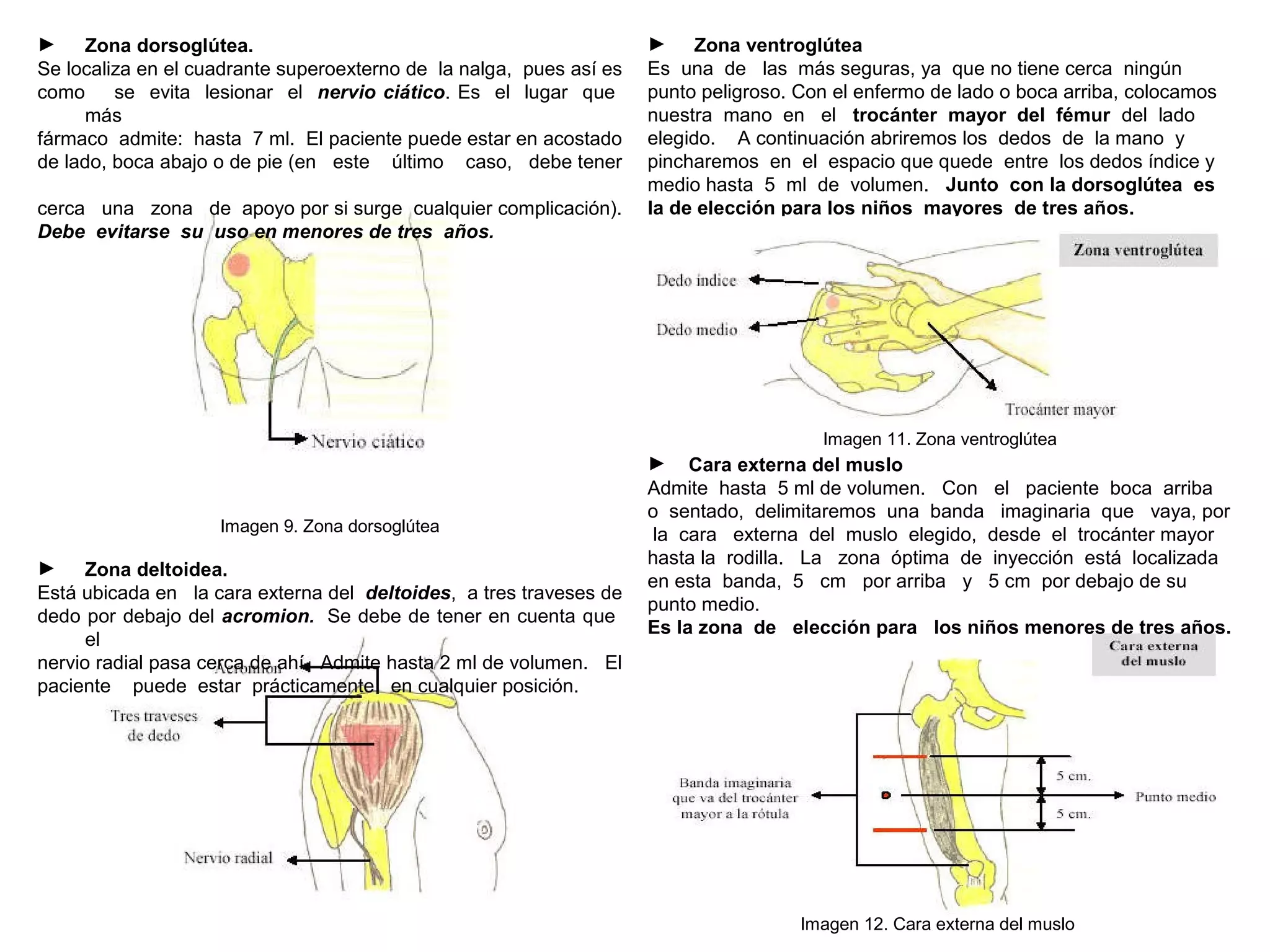 10
► Cara externa del muslo
Admite hasta 5 ml de volumen. Con el paciente boca arriba
o sentado, delimitaremos una banda imaginaria que vaya, por
la cara externa del muslo elegido, desde el trocánter mayor
hasta la rodilla. La zona óptima de inyección está localizada
en esta banda, 5 cm por arriba y 5 cm por debajo de su
punto medio.
Es la zona de elección para los niños menores de tres años.
Imagen 12. Cara externa del muslo
► Zona ventroglútea
Es una de las más seguras, ya que no tiene cerca ningún
punto peligroso. Con el enfermo de lado o boca arriba, colocamos
nuestra mano en el trocánter mayor del fémur del lado
elegido. A continuación abriremos los dedos de la mano y
pincharemos en el espacio que quede entre los dedos índice y
medio hasta 5 ml de volumen. Junto con la dorsoglútea es
la de elección para los niños mayores de tres años.
Imagen 11. Zona ventroglútea
► Zona dorsoglútea.
Se localiza en el cuadrante superoexterno de la nalga, pues así es
como se evita lesionar el nervio ciático. Es el lugar que
más
fármaco admite: hasta 7 ml. El paciente puede estar en acostado
de lado, boca abajo o de pie (en este último caso, debe tener
cerca una zona de apoyo por si surge cualquier complicación).
Debe evitarse su uso en menores de tres años.
Imagen 9. Zona dorsoglútea
► Zona deltoidea.
Está ubicada en la cara externa del deltoides, a tres traveses de
dedo por debajo del acromion. Se debe de tener en cuenta que
el
nervio radial pasa cerca de ahí. Admite hasta 2 ml de volumen. El
paciente puede estar prácticamente en cualquier posición.
 